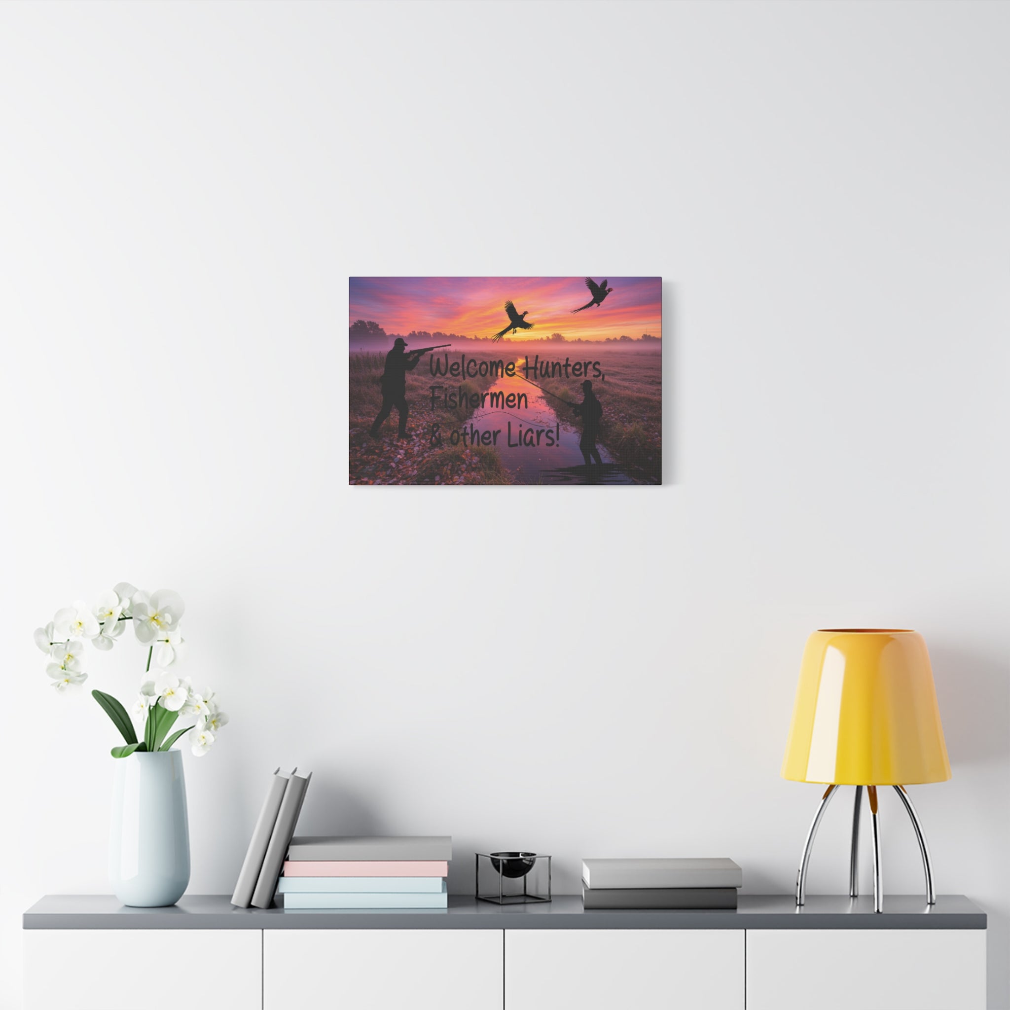 "Welcome Hunters, Fishermen & Other Liars" Rustic Man Cave Sign/ Matte Canvas 1.25" depth/Gift for Dads, Outdoorsmen