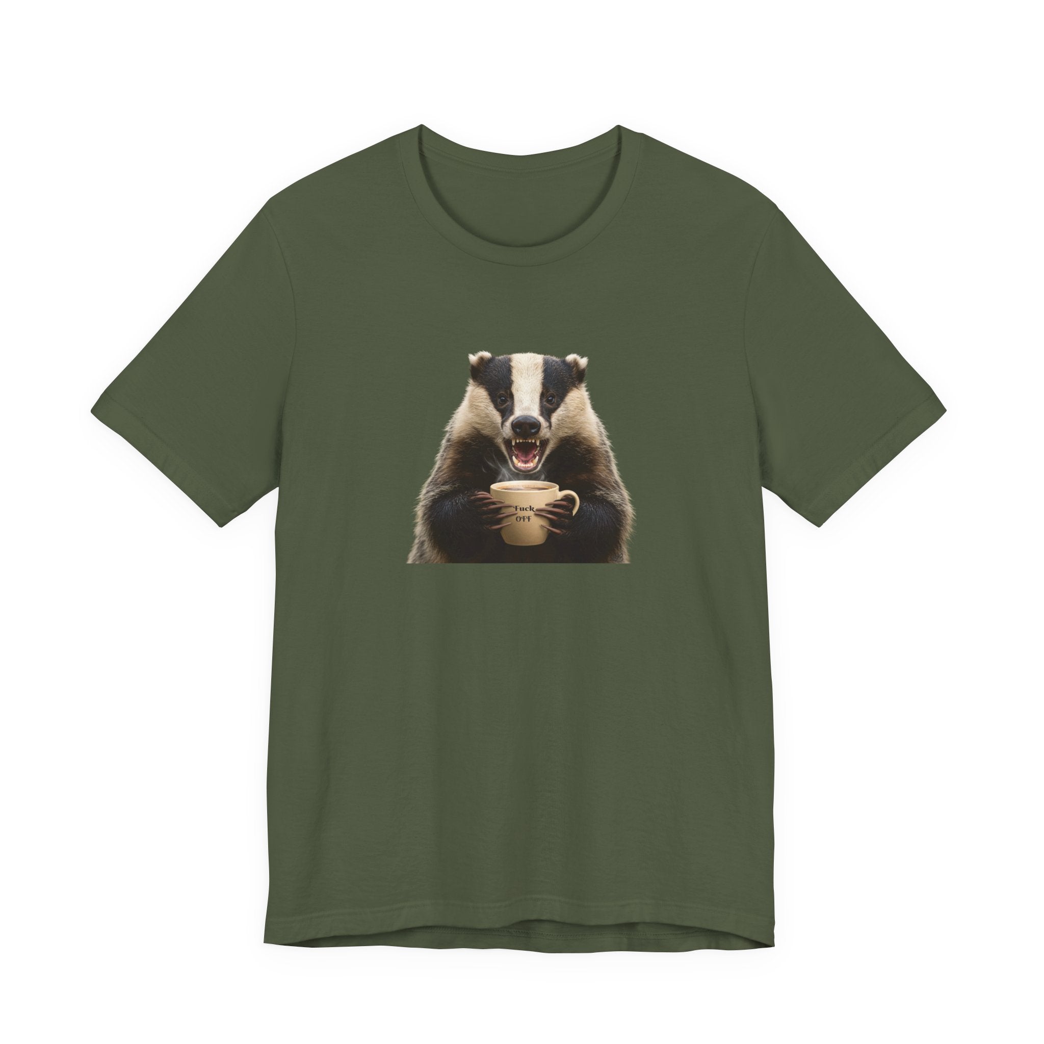 Angry Badger “Fuck Off” T-Shirt – Because Words Are Hard Before Caffeine- Unisex Short Sleeve T-Shirt, Gift for friends and loved ones