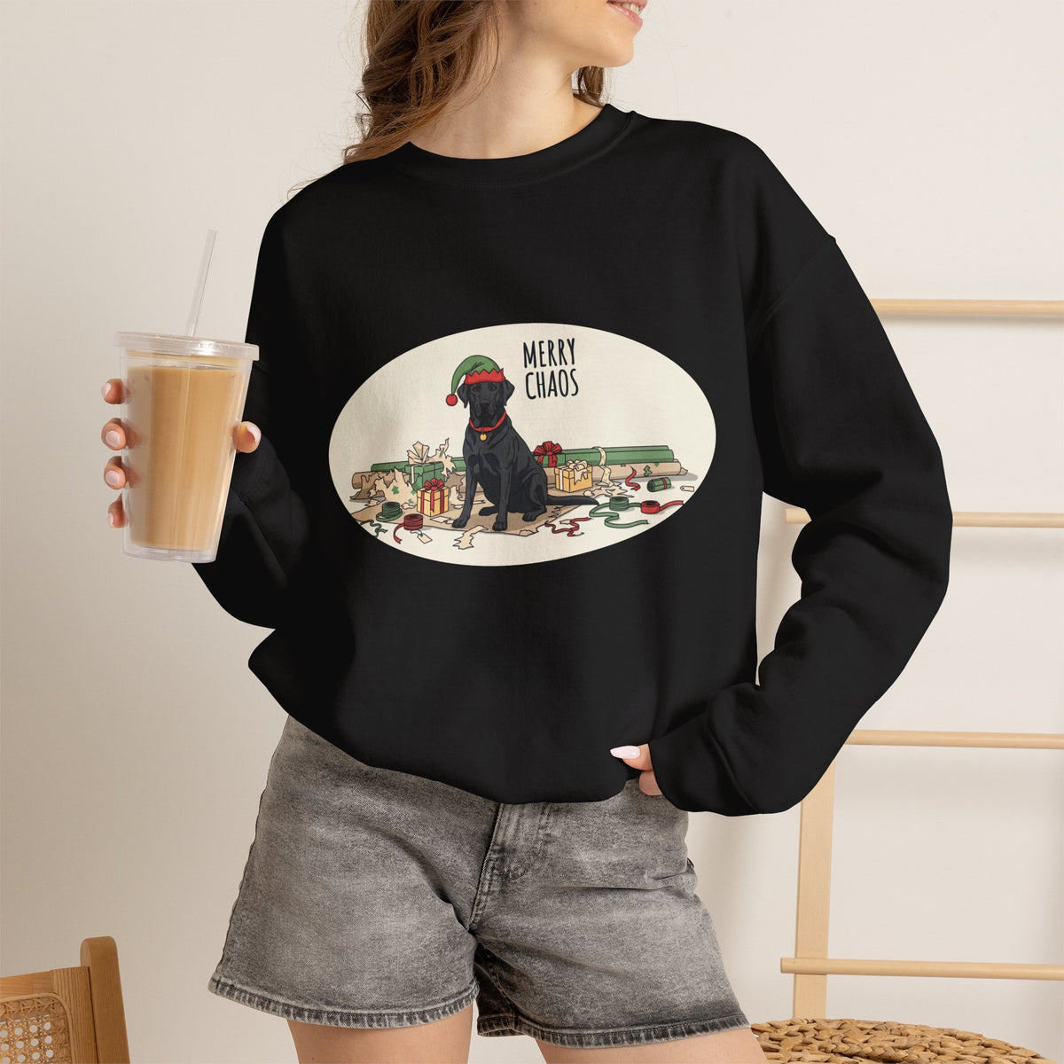 Merry Chaos Black Lab Christmas Crewneck Sweatshirt | Funny Dog Holiday Sweatshirt