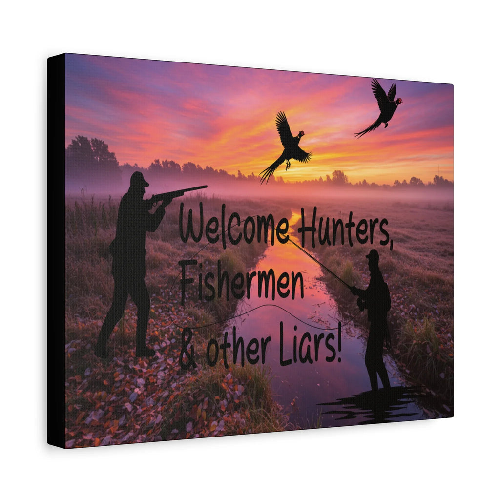 "Welcome Hunters, Fishermen & Other Liars" Rustic Man Cave Sign/ Matte Canvas 1.25" depth/Gift for Dads, Outdoorsmen - 2SB Snark Shop