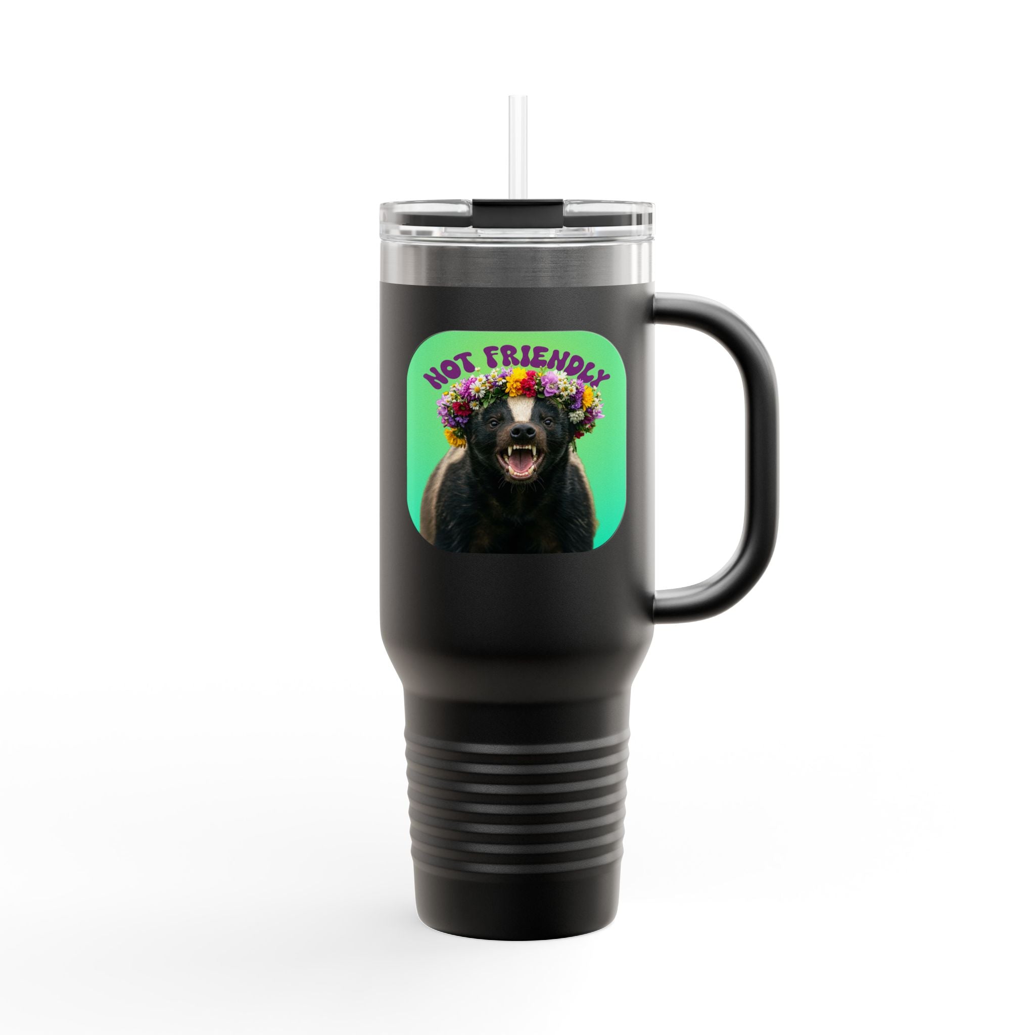 Not Friendly Badger Tumbler - Angry Flower Crown Honey Badger 40oz