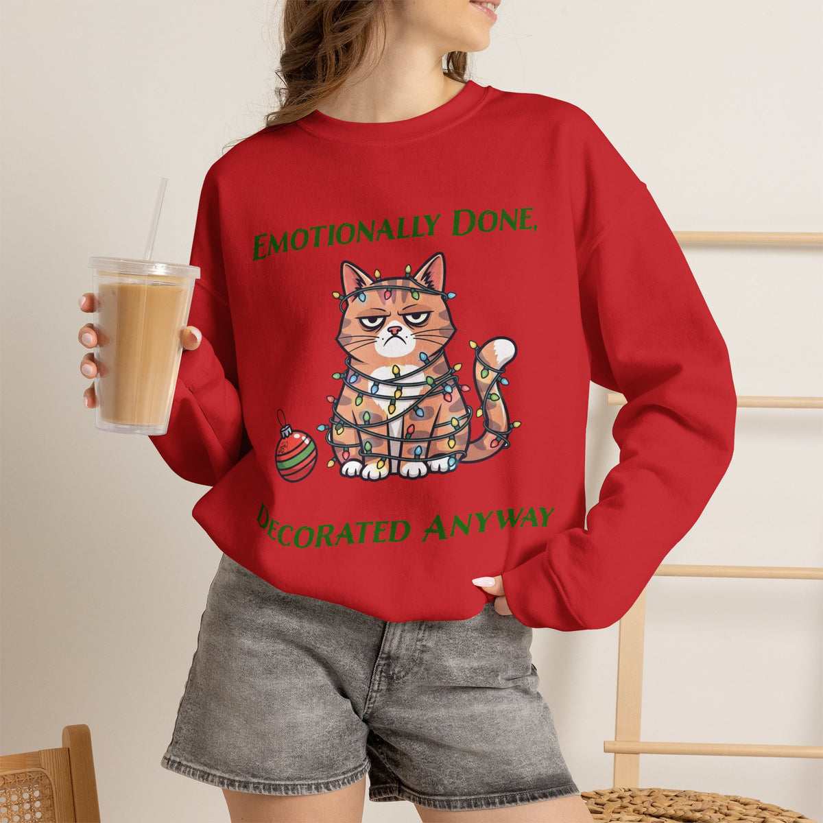 Emotionally Done, Decorated Anyway Unisex Christmas Sweatshirt | Funny Grumpy Cat Holiday Sweatshirt