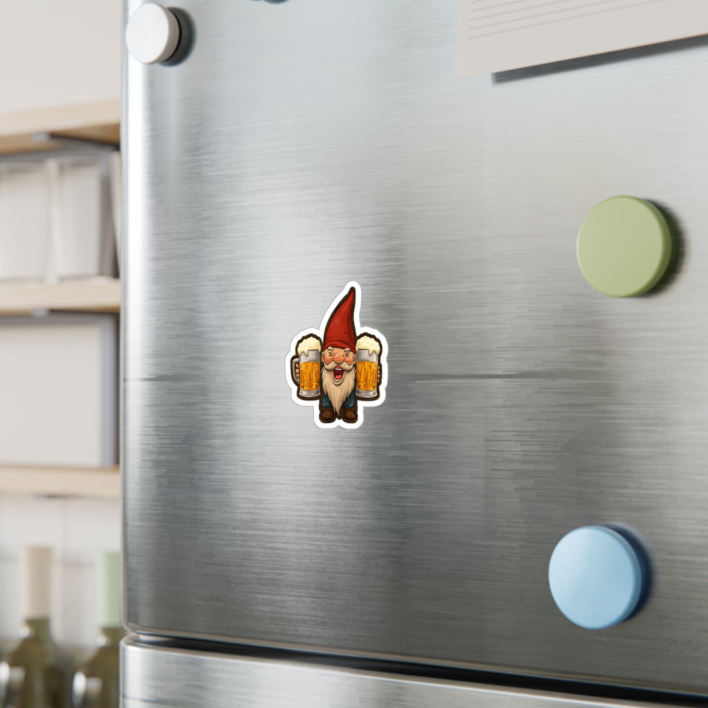 Beer Gnome Decal - Happy Gnome Holding Two Beer Mugs Kiss Cut Vinyl Sticker