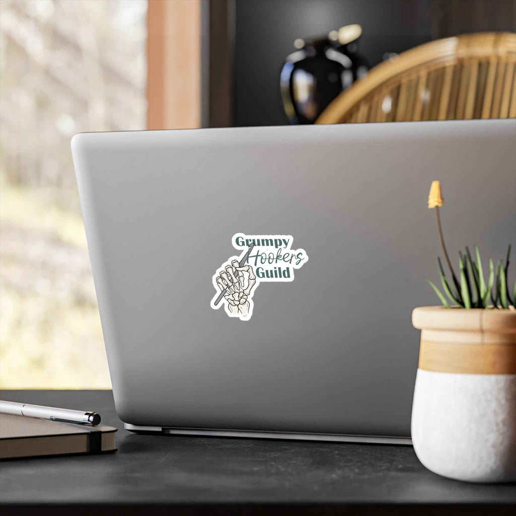Grumpy Hookers Guild Decal - Skeleton Crochet Hand Dark Sage Text Kiss Cut Vinyl Decals
