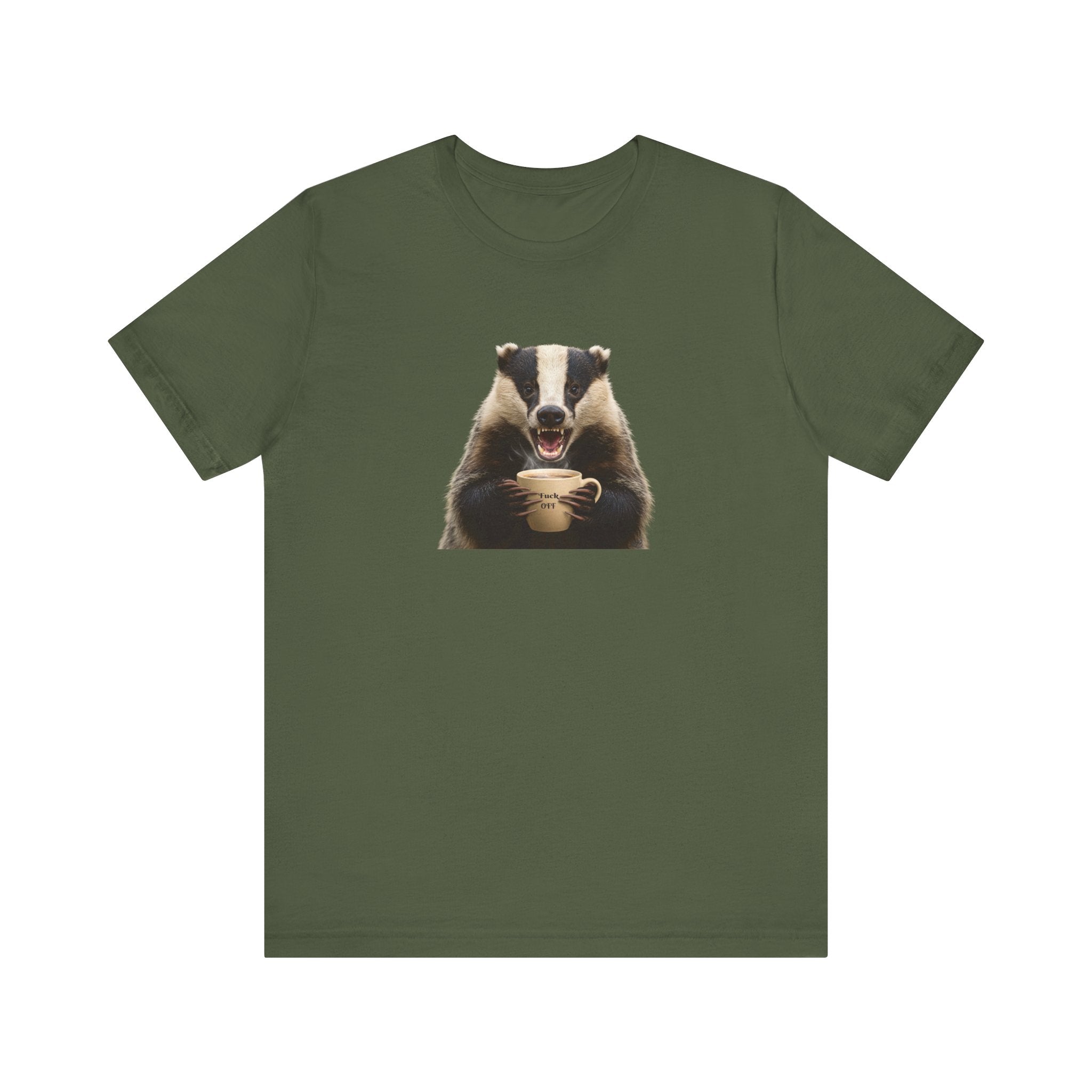 Angry Badger “Fuck Off” T-Shirt – Because Words Are Hard Before Caffeine- Unisex Short Sleeve T-Shirt, Gift for friends and loved ones