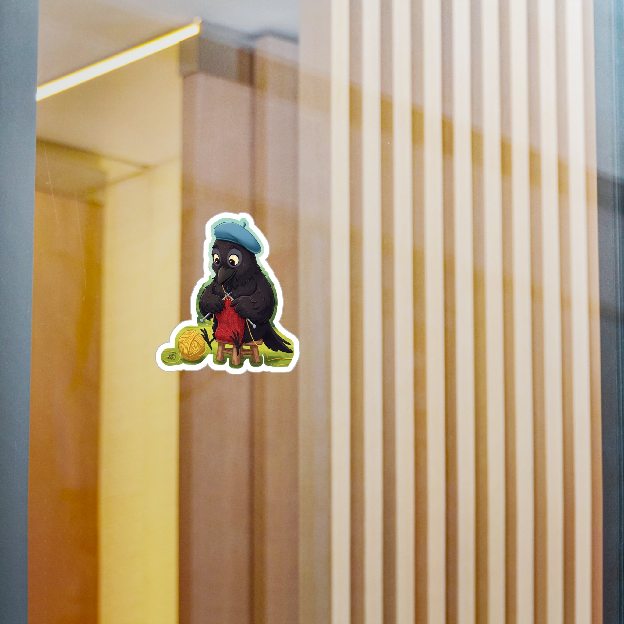 Knitting Crow With Beret Kiss-Cut Vinyl Decal