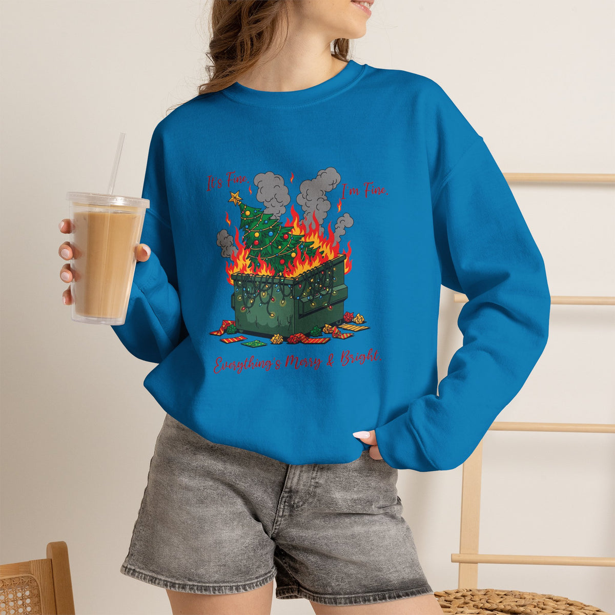 It’s Fine I’m Fine Everything’s Merry & Bright Christmas Crewneck Sweatshirt | Funny Holiday Sweatshirt