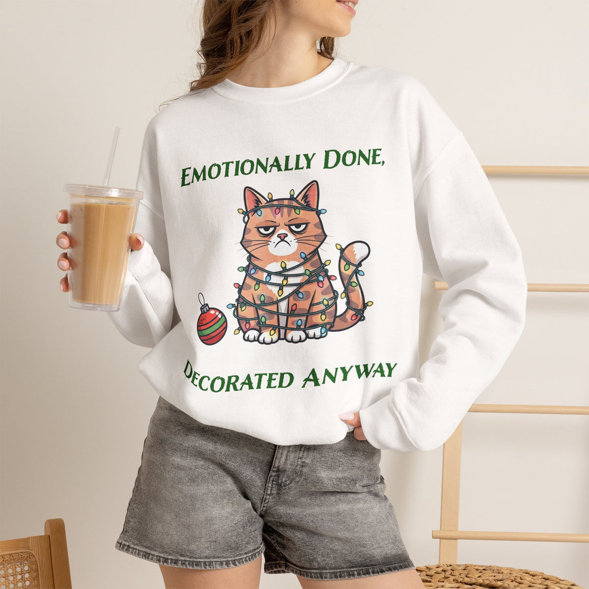 Emotionally Done, Decorated Anyway Unisex Christmas Sweatshirt | Funny Grumpy Cat Holiday Sweatshirt