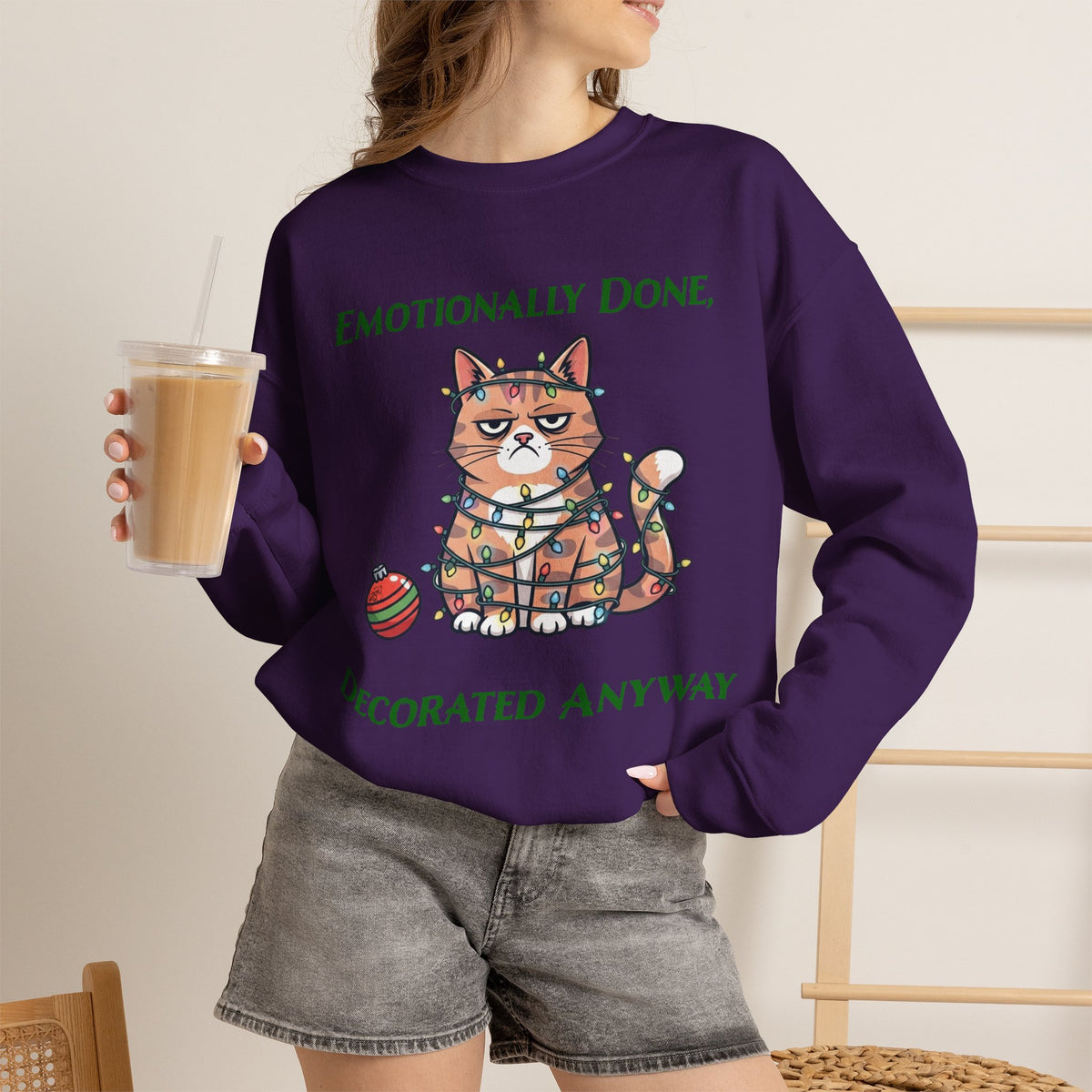 Emotionally Done, Decorated Anyway Unisex Christmas Sweatshirt | Funny Grumpy Cat Holiday Sweatshirt