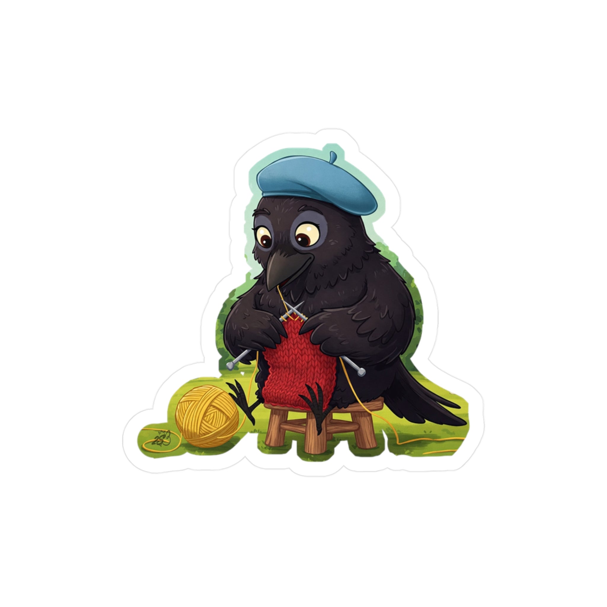 Knitting Crow With Beret Kiss-Cut Vinyl Decal
