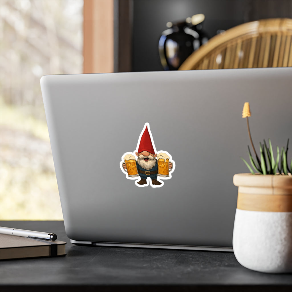 Cheerful Beer Gnome Decal - Laughing Gnome With Two Beer Mugs Kiss Cut Vinyl Sticker