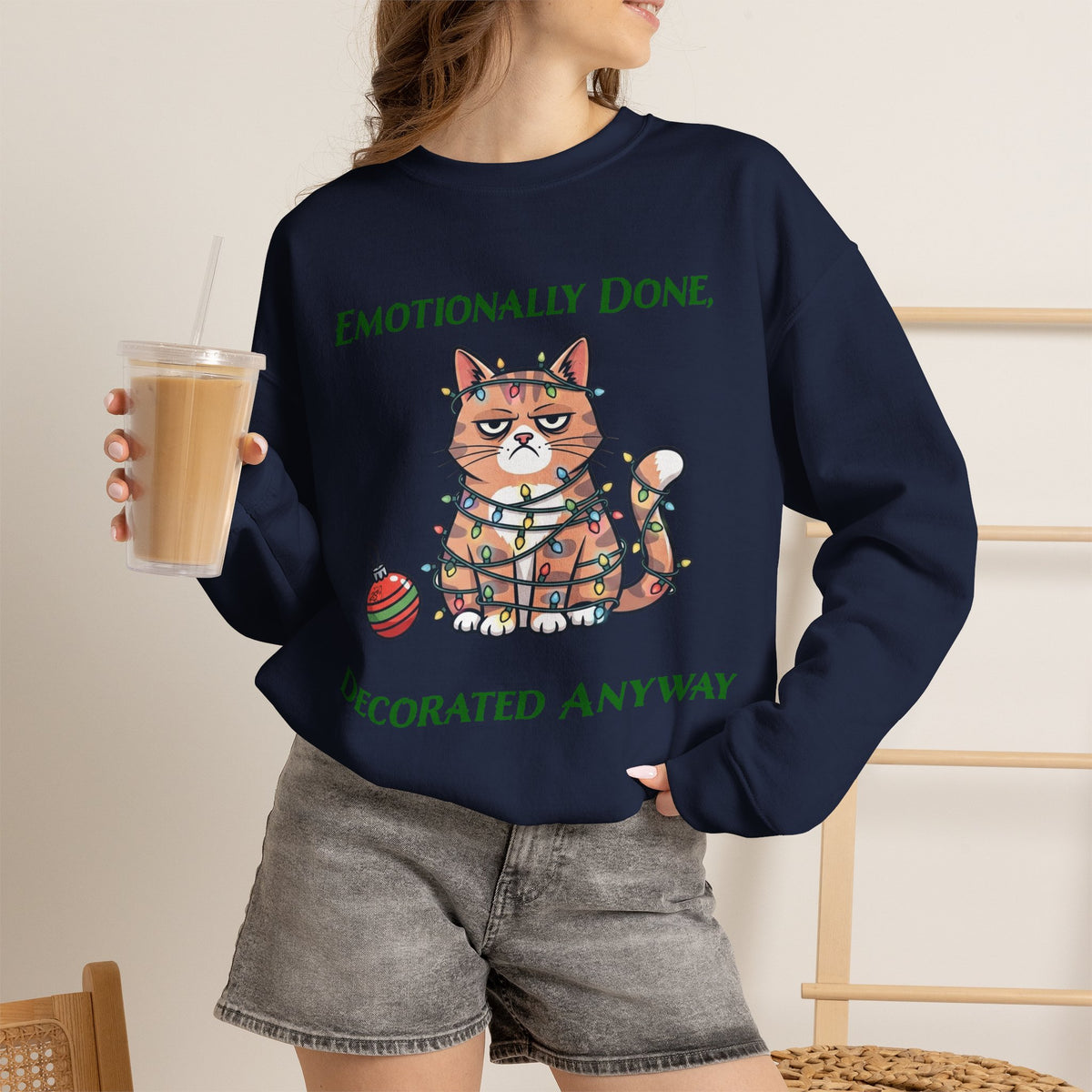 Emotionally Done, Decorated Anyway Unisex Christmas Sweatshirt | Funny Grumpy Cat Holiday Sweatshirt