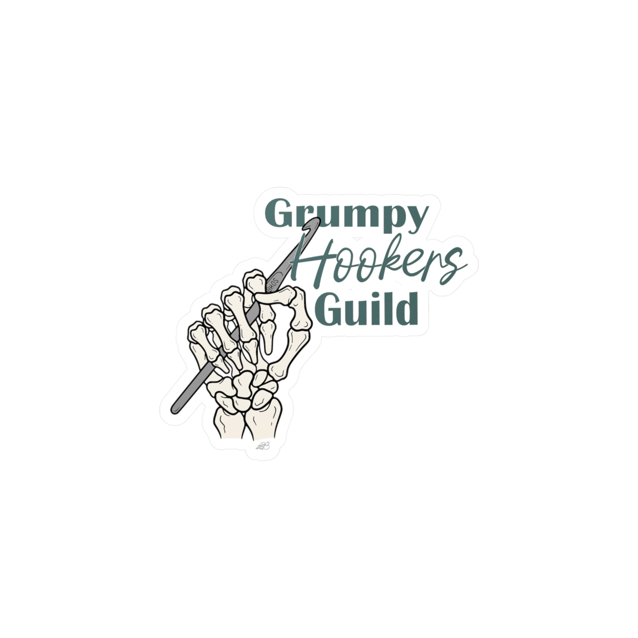 Grumpy Hookers Guild Decal - Skeleton Crochet Hand Dark Sage Text Kiss Cut Vinyl Decals