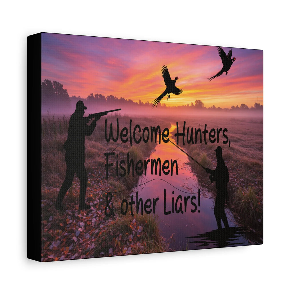 "Welcome Hunters, Fishermen & Other Liars" Rustic Man Cave Sign/ Matte Canvas 1.25" depth/Gift for Dads, Outdoorsmen - 2SB Snark Shop