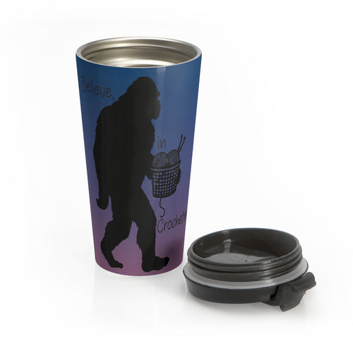 Bigfoot’s Yarn Cult “I Believe in Crocheting” 15 oz Stainless Steel Tumbler | Funny Crochet Travel Mug