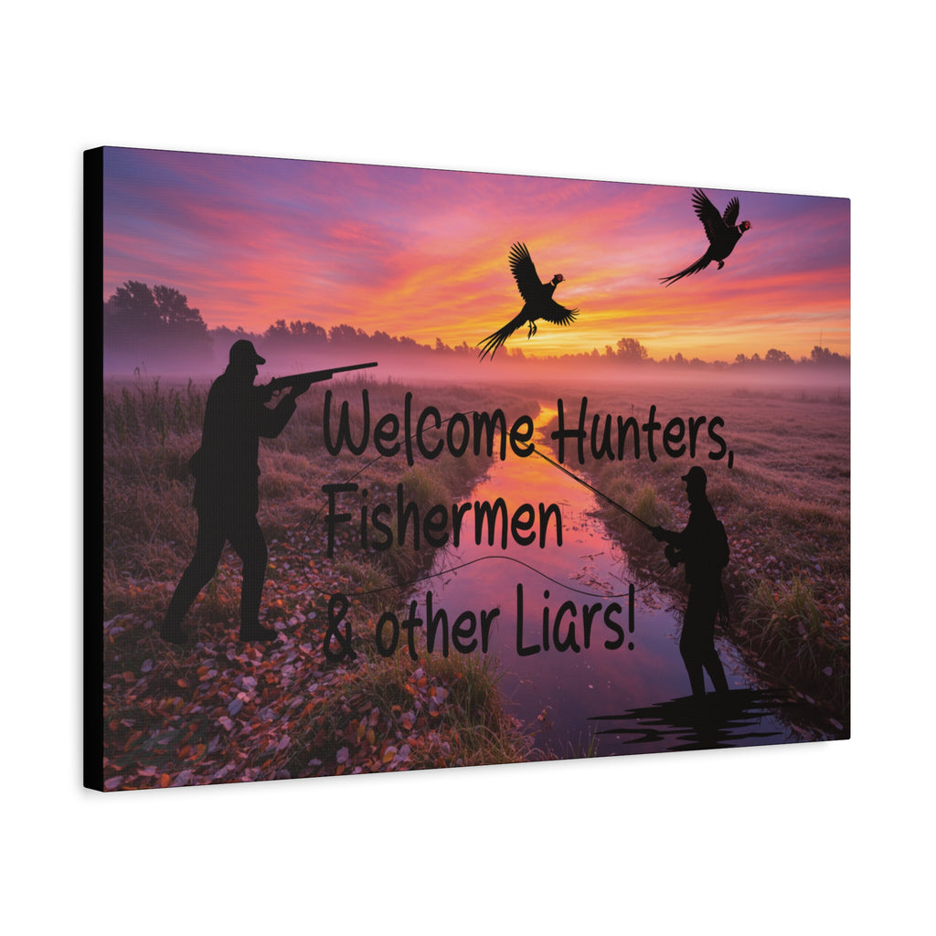 "Welcome Hunters, Fishermen & Other Liars" Rustic Man Cave Sign/ Matte Canvas 1.25" depth/Gift for Dads, Outdoorsmen