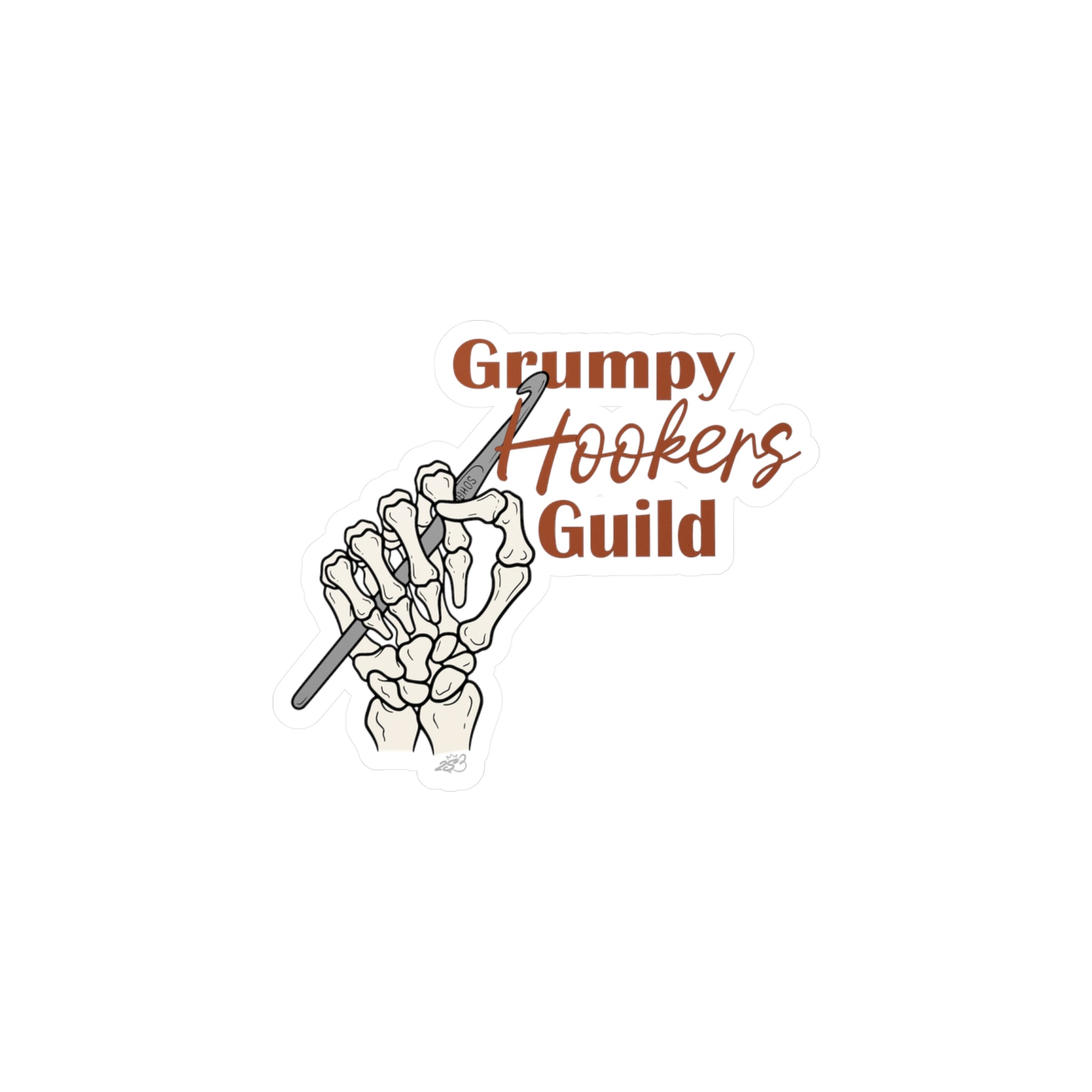 Grumpy Hookers Guild Decal - Skeleton Crochet Hand Terracotta Text Kiss Cut Vinyl Decal