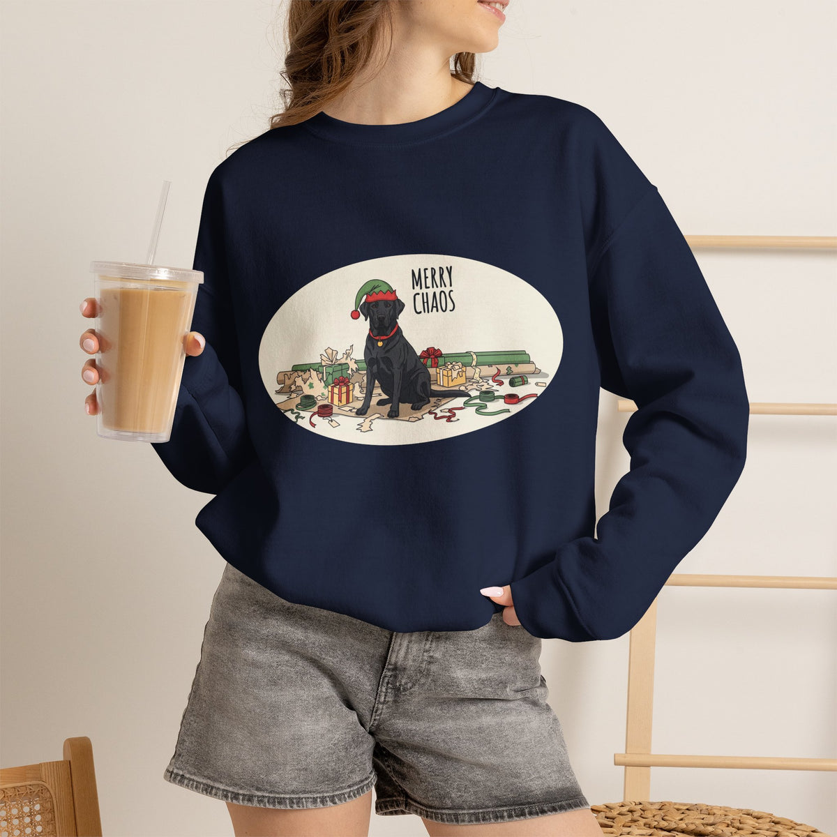 Merry Chaos Black Lab Christmas Crewneck Sweatshirt | Funny Dog Holiday Sweatshirt