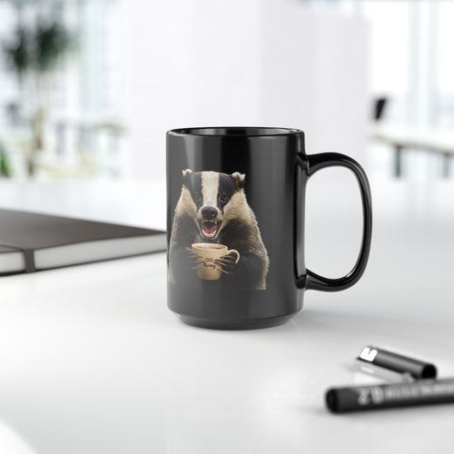 Angry Badger “Go Away” 15 oz Black Coffee Mug | Funny Sarcastic Coffee Mug