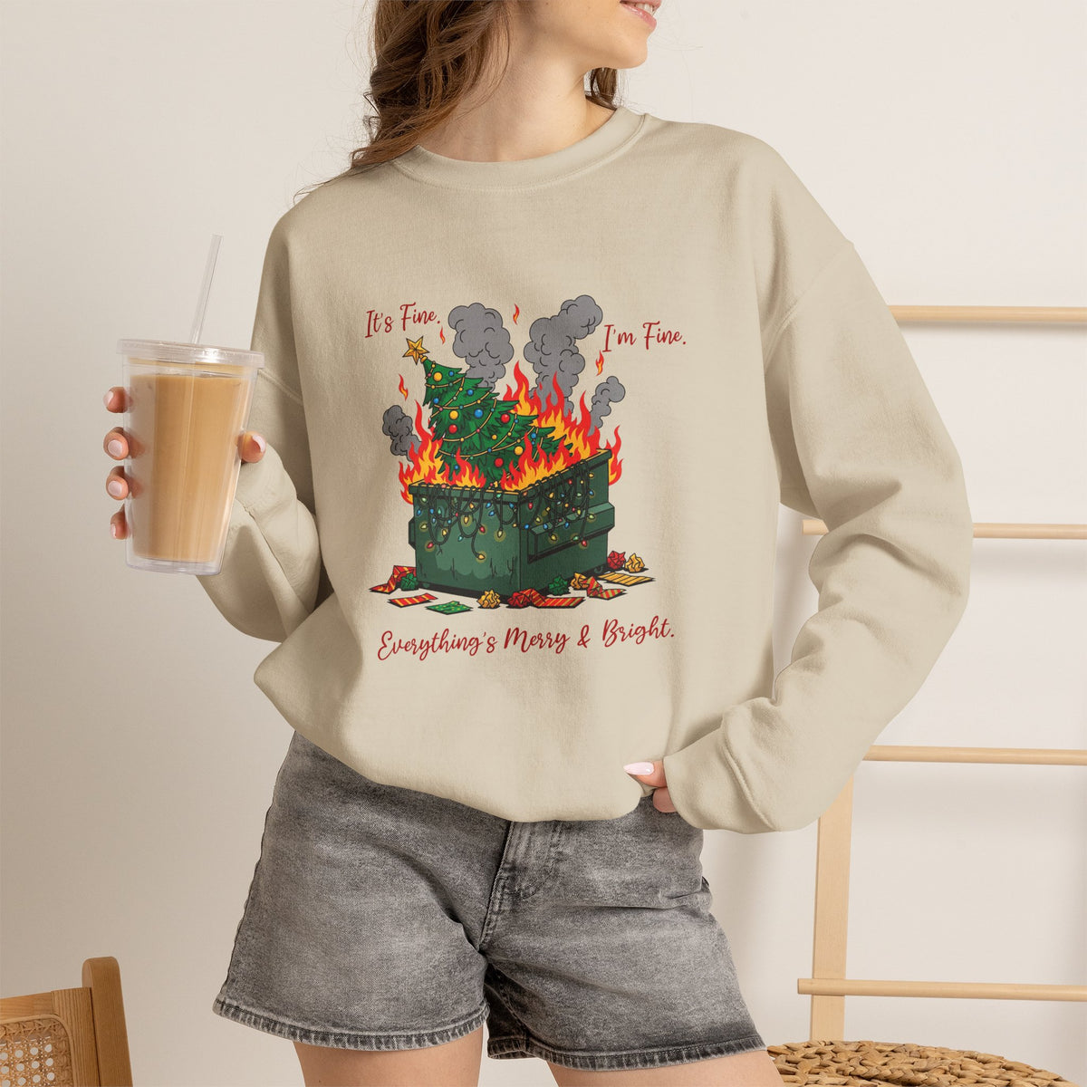 It’s Fine I’m Fine Everything’s Merry & Bright Christmas Crewneck Sweatshirt | Funny Holiday Sweatshirt