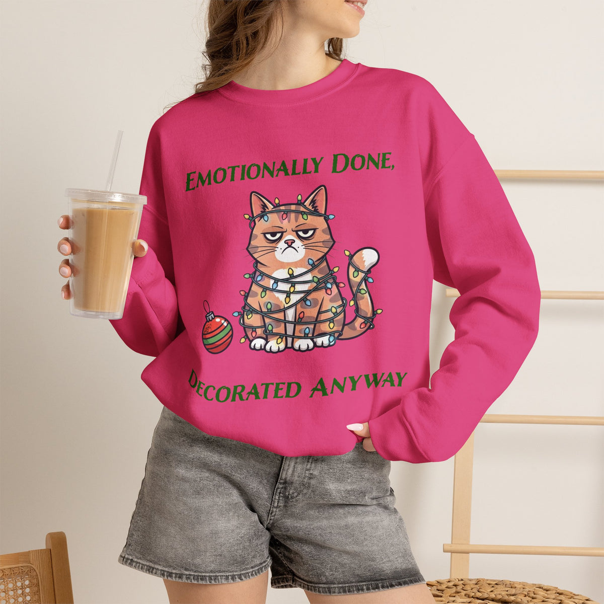 Emotionally Done, Decorated Anyway Unisex Christmas Sweatshirt | Funny Grumpy Cat Holiday Sweatshirt