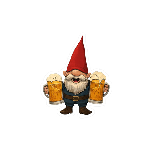 Cheerful Beer Gnome Decal - Laughing Gnome With Two Beer Mugs Kiss Cut Vinyl Sticker