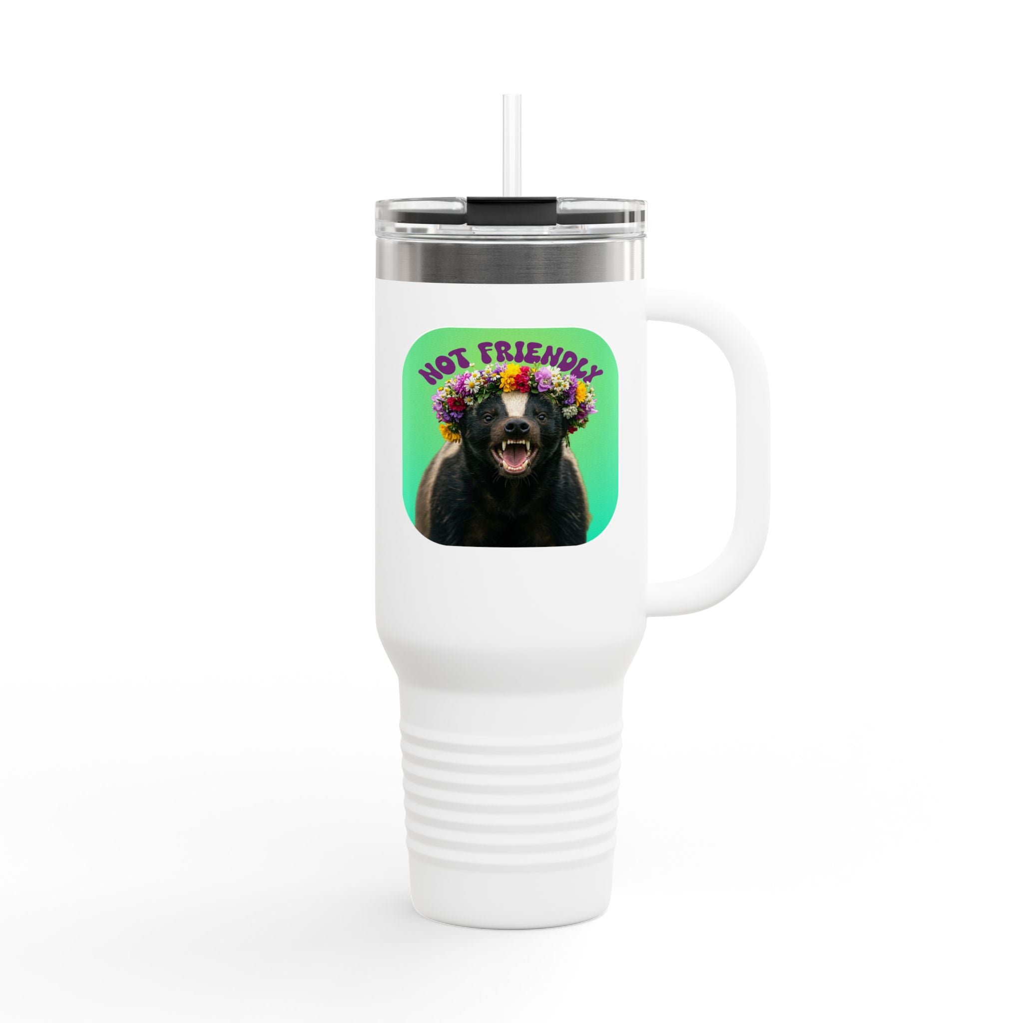Not Friendly Badger Tumbler - Angry Flower Crown Honey Badger 40oz