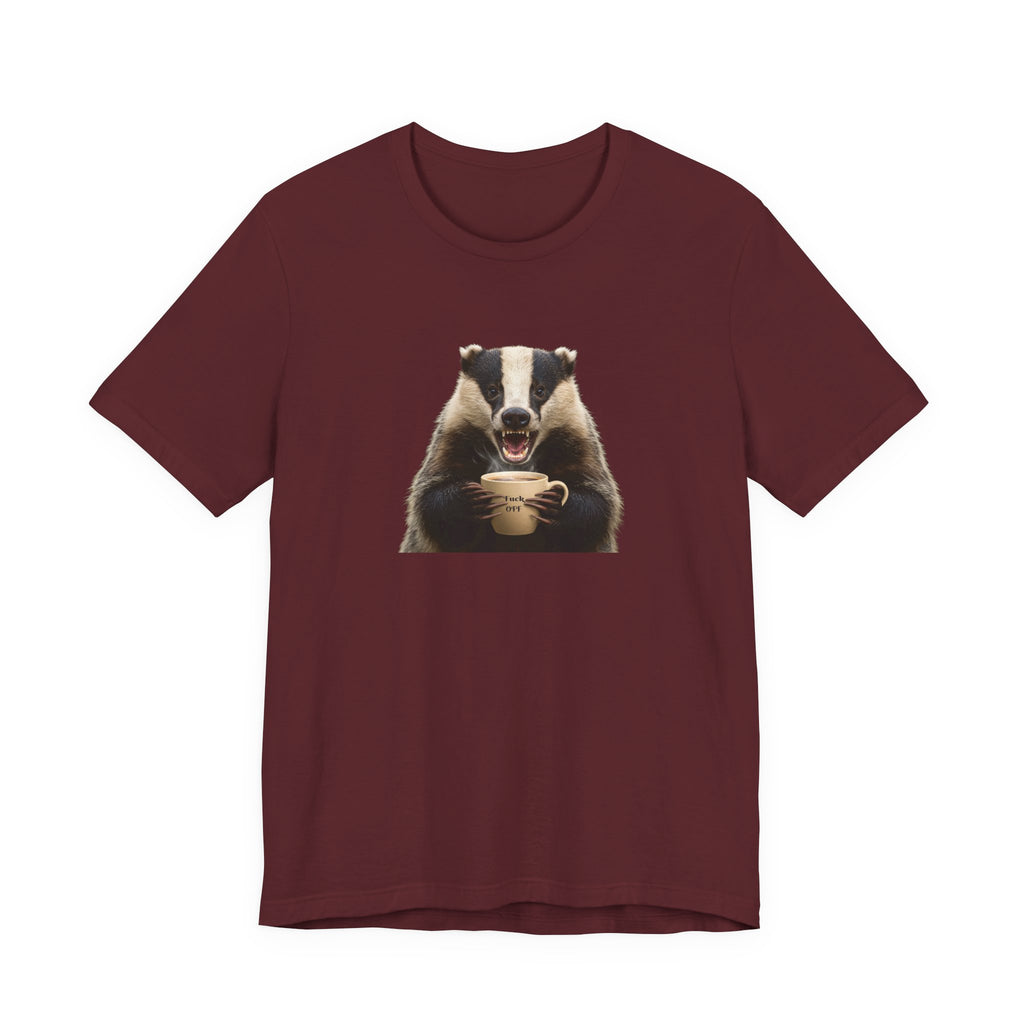 Angry Badger “Fuck Off” T-Shirt – Because Words Are Hard Before Caffeine- Unisex Short Sleeve T-Shirt, Gift for friends and loved ones