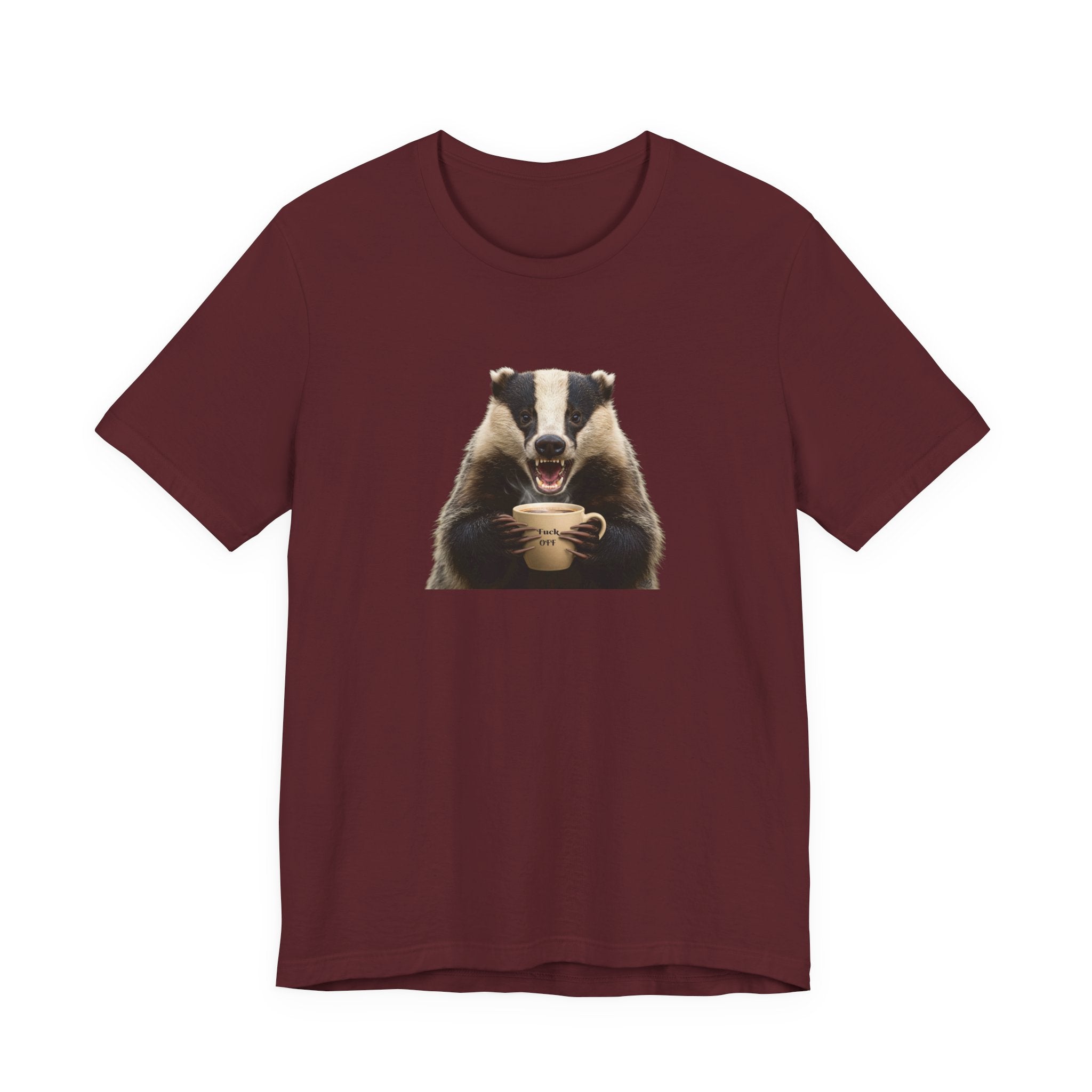 Angry Badger “Fuck Off” T-Shirt – Because Words Are Hard Before Caffeine- Unisex Short Sleeve T-Shirt, Gift for friends and loved ones