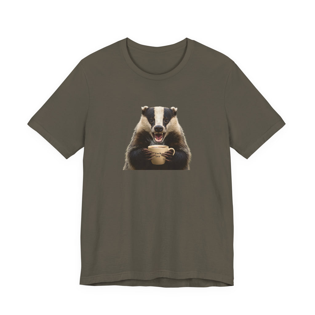 Angry Badger “Fuck Off” T-Shirt – Because Words Are Hard Before Caffeine- Unisex Short Sleeve T-Shirt, Gift for friends and loved ones