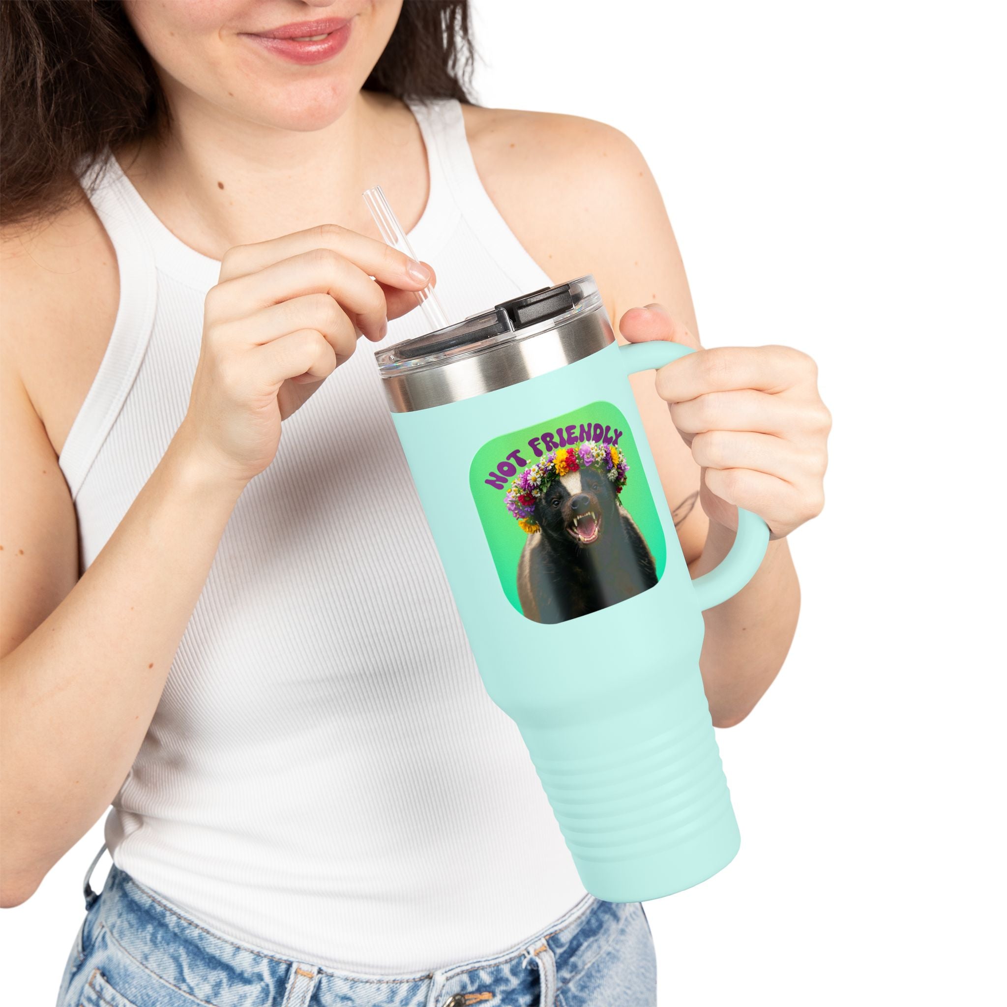 Not Friendly Badger Tumbler - Angry Flower Crown Honey Badger 40oz