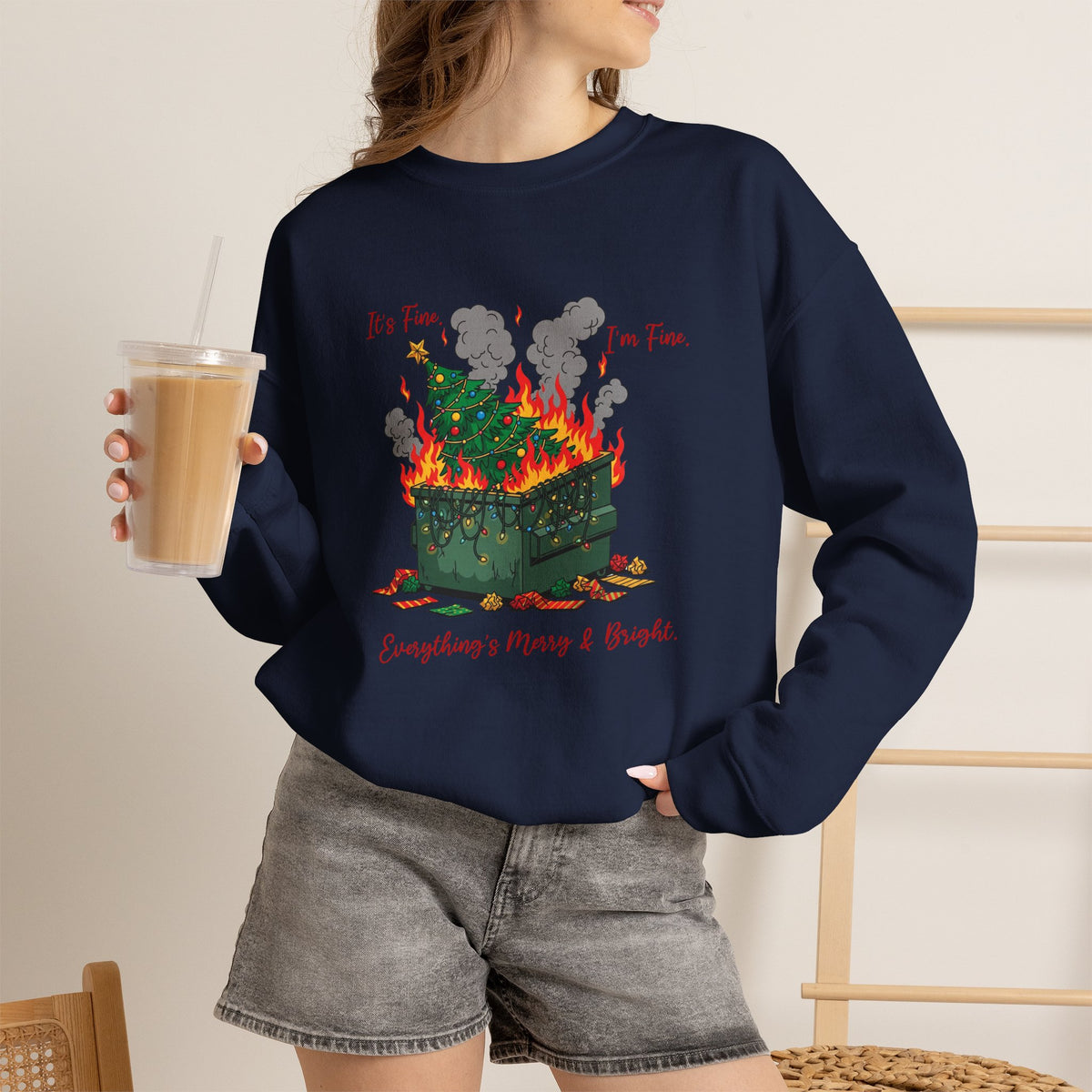It’s Fine I’m Fine Everything’s Merry & Bright Christmas Crewneck Sweatshirt | Funny Holiday Sweatshirt