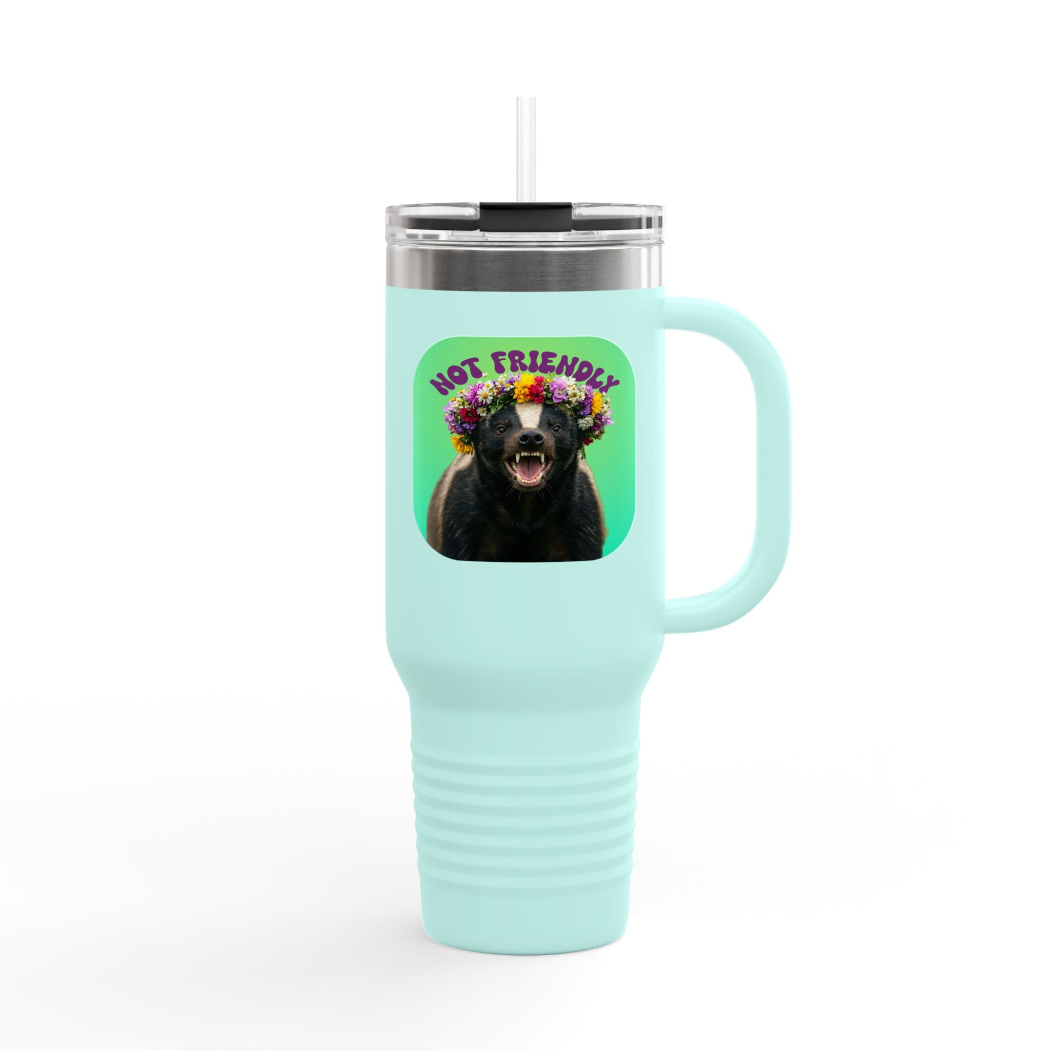 Not Friendly Badger Tumbler - Angry Flower Crown Honey Badger 40oz