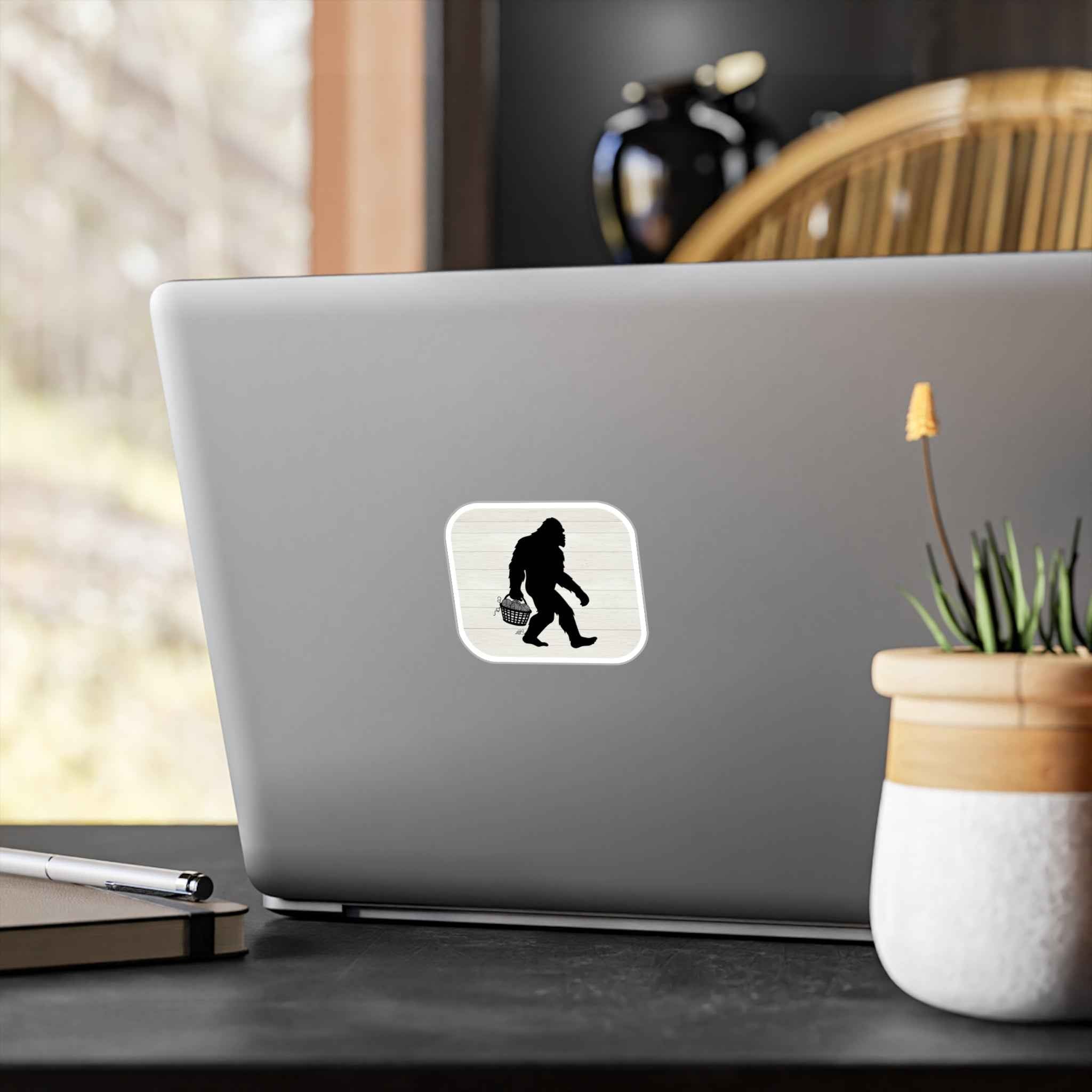 Bigfoot Yarn Basket Decal - Sasquatch Carrying Yarn Silhouette Kiss Cut Vinyl Decal