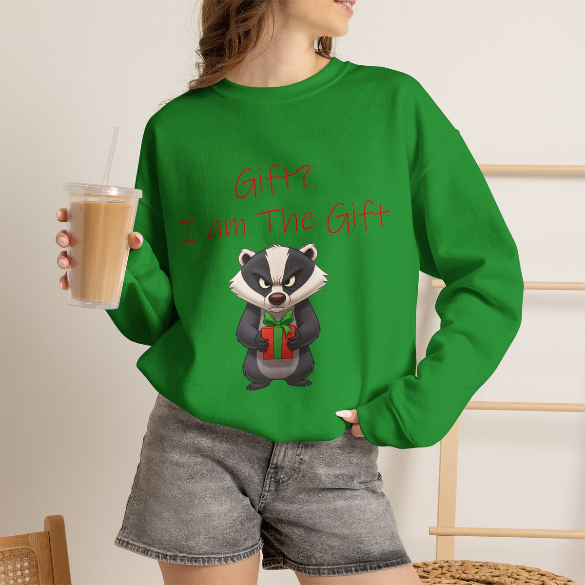 Gift? I Am the Gift Badger Christmas Crewneck Sweatshirt | Funny Sarcastic Holiday Sweatshirt