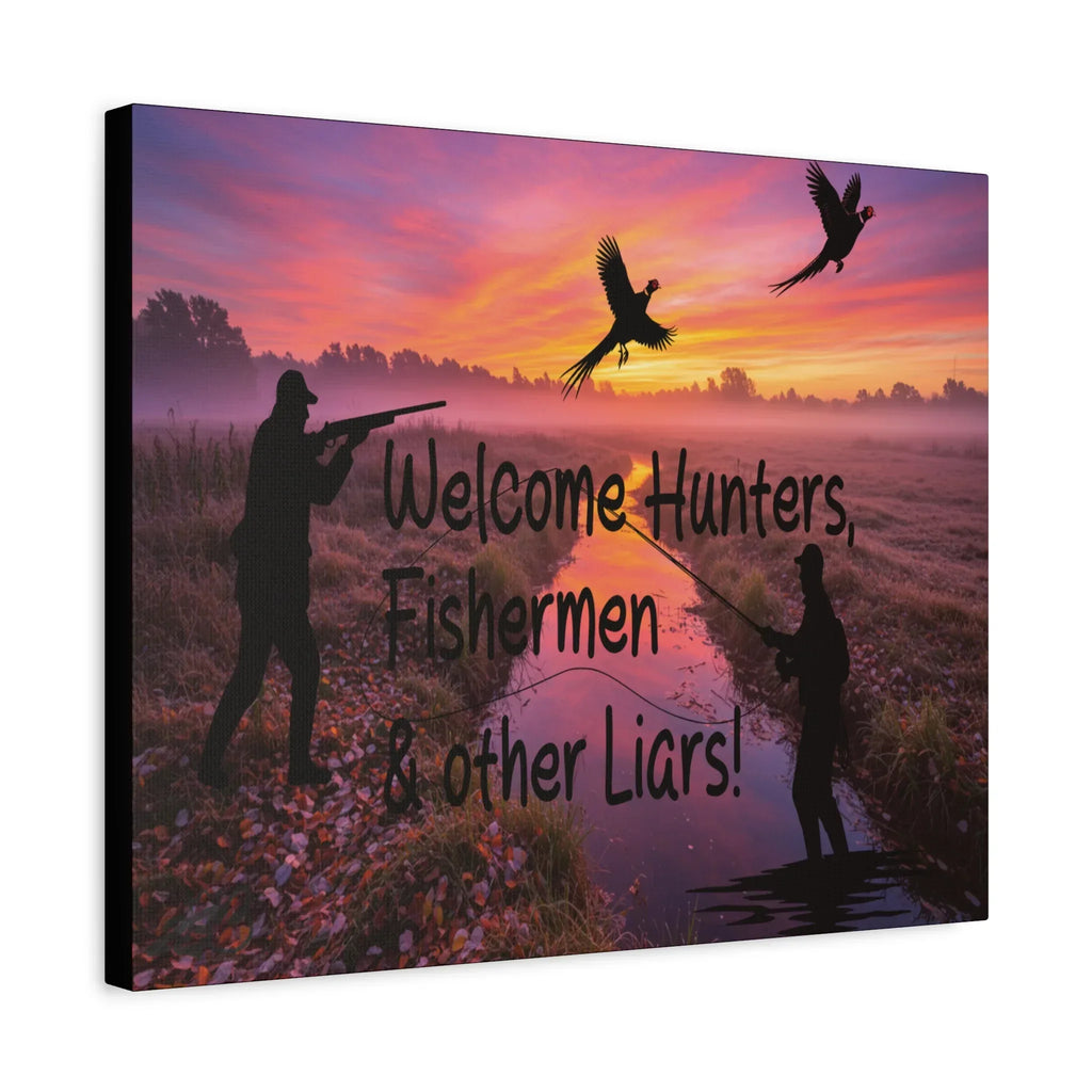 "Welcome Hunters, Fishermen & Other Liars" Rustic Man Cave Sign/ Matte Canvas 1.25" depth/Gift for Dads, Outdoorsmen - 2SB Snark Shop