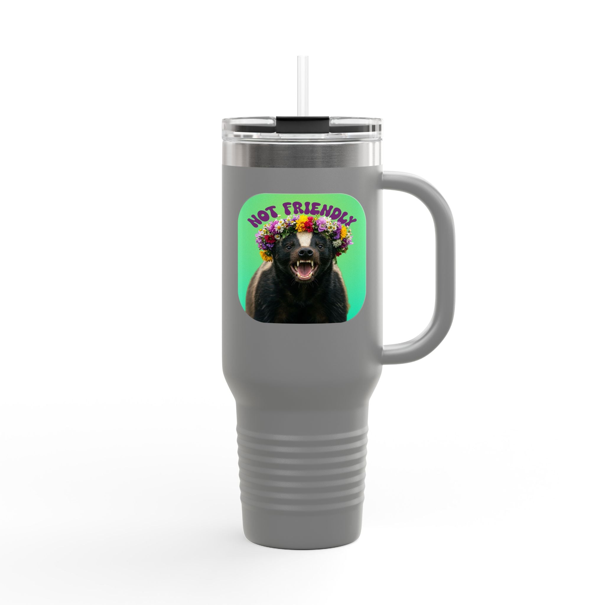 Not Friendly Badger Tumbler - Angry Flower Crown Honey Badger 40oz