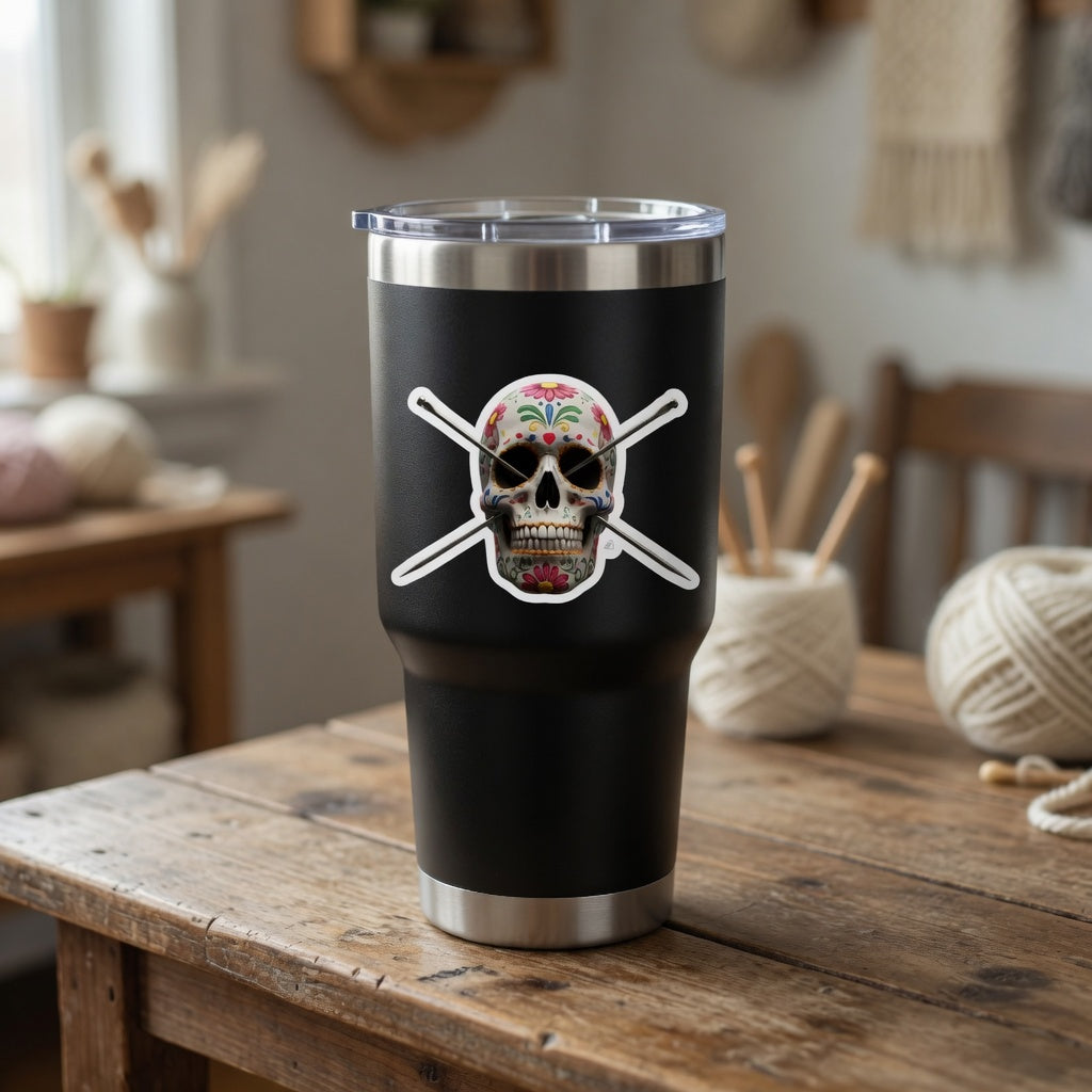 Knitting Needles Sugar Skull Kiss-Cut Vinyl Decal