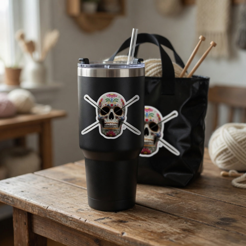 Knitting Needles Sugar Skull Kiss-Cut Vinyl Decal