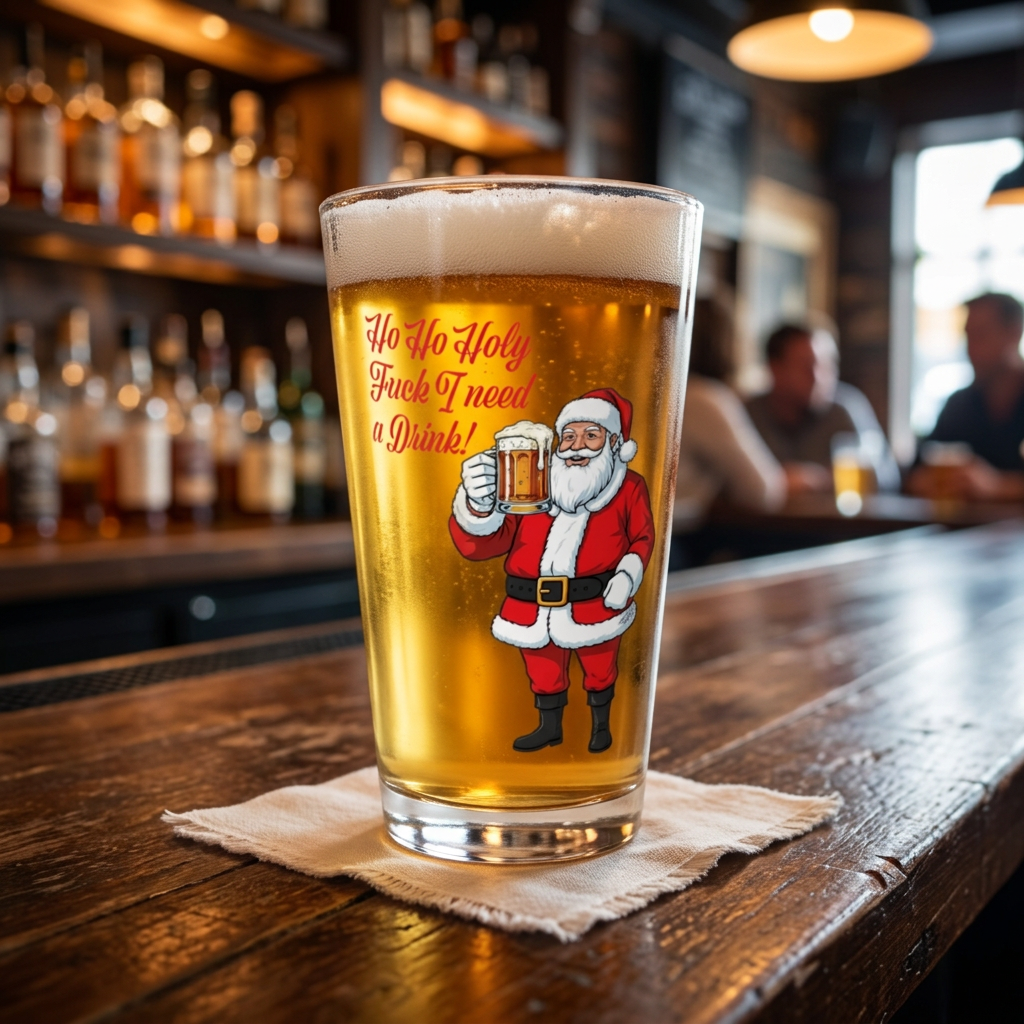 Ho Ho Holy Fuck I Need a Drink 16 oz Pint Glass | Funny Drunk Santa Christmas Glass