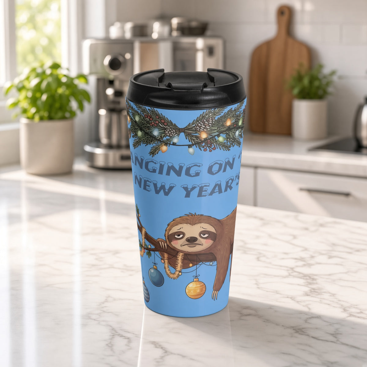 Hanging On Till New Year 15 oz Stainless Steel Travel Mug | Funny Sloth Holiday Tumbler