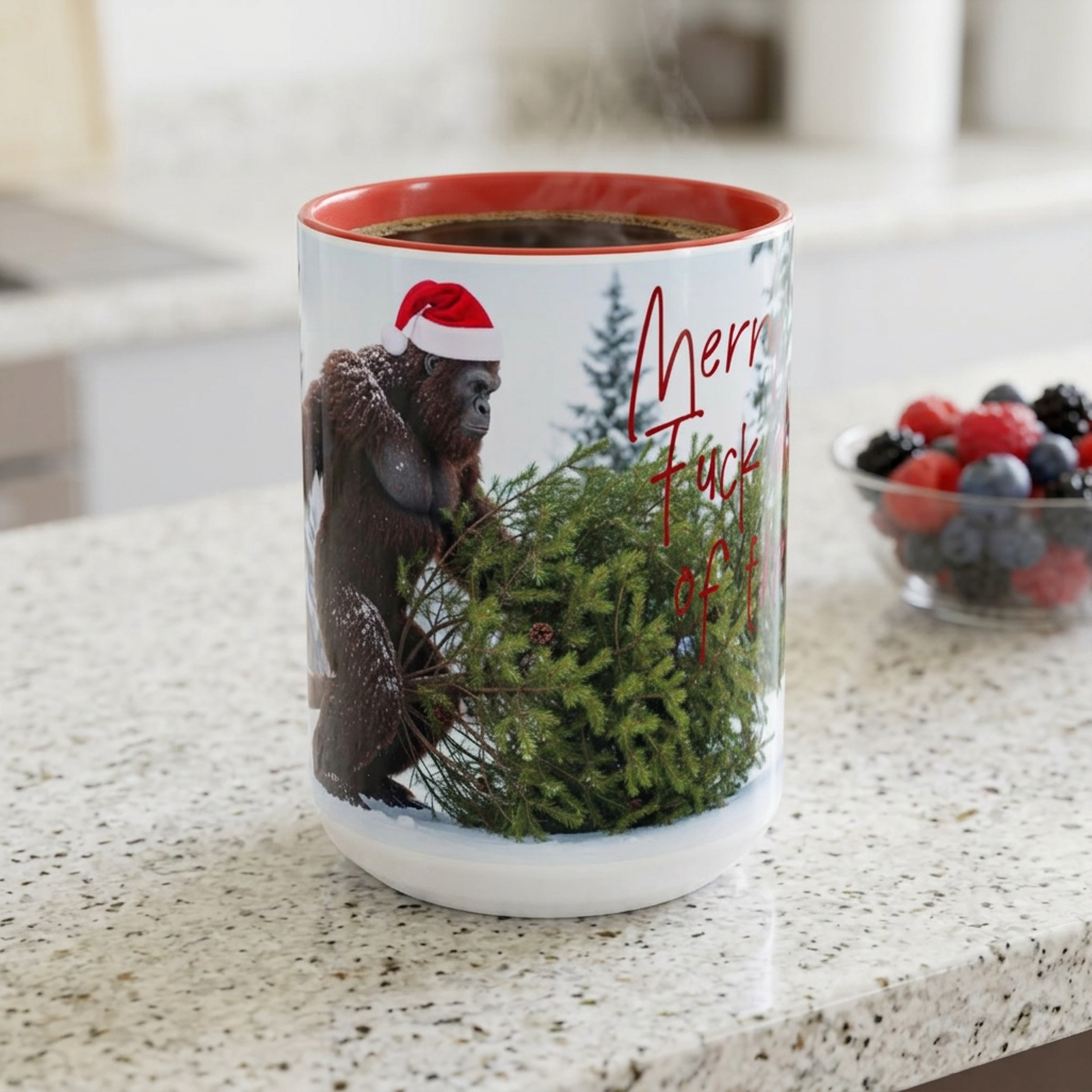 Merry Fuck All of This Bigfoot 15 oz Coffee Mug | Funny Sasquatch Christmas Mug