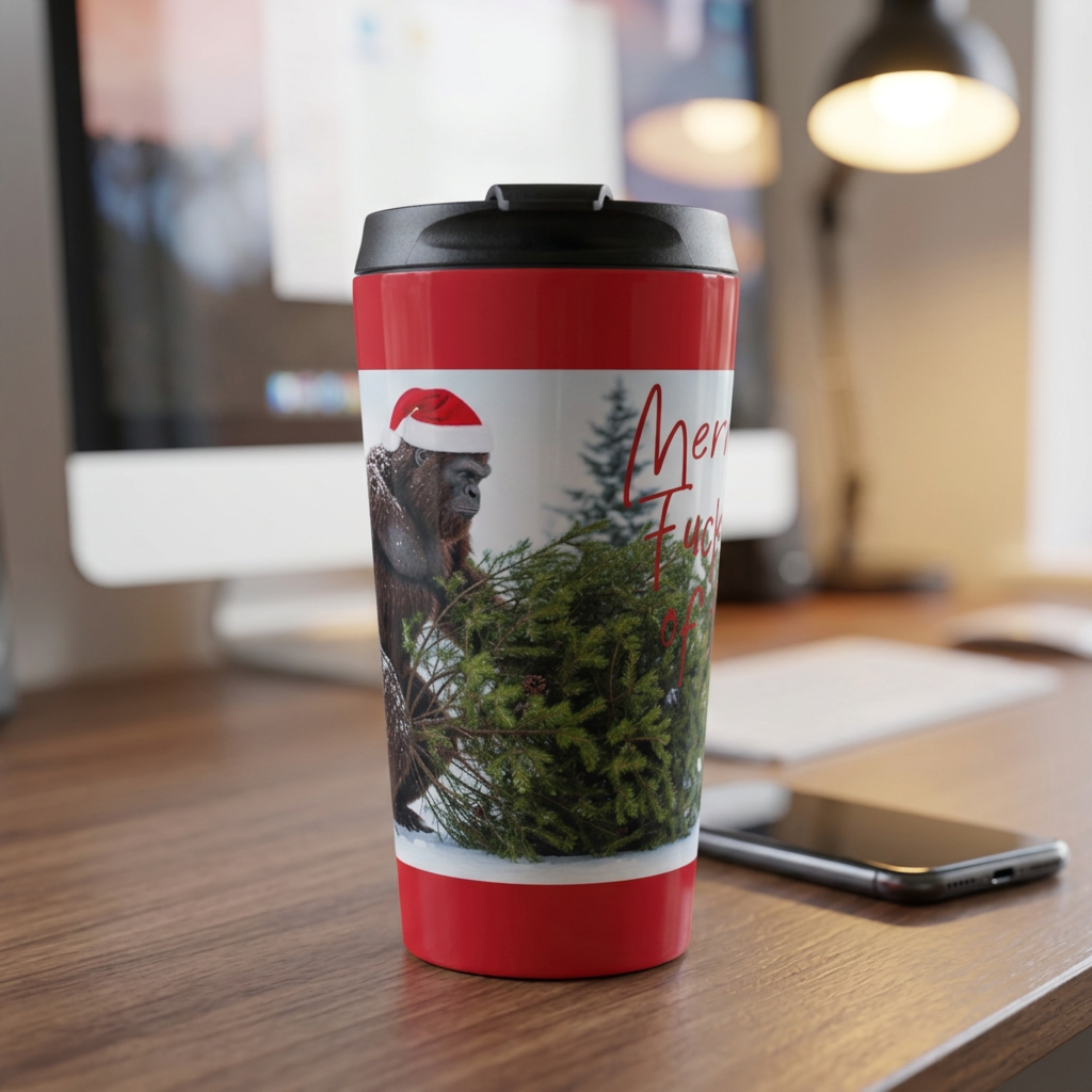 Merry Fuck All of This Bigfoot 15 oz Stainless Steel Travel Mug | Funny Christmas Tumbler
