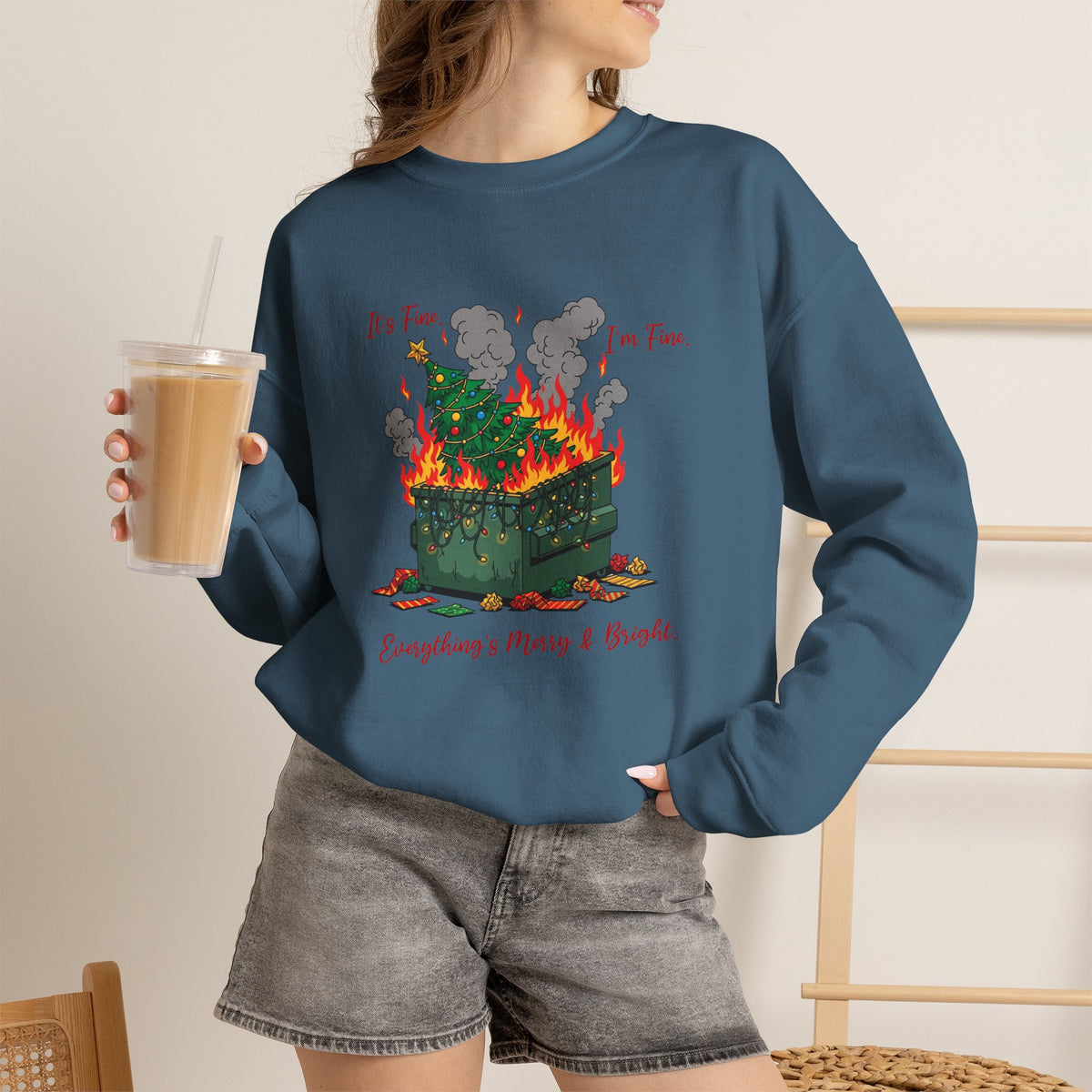 It’s Fine I’m Fine Everything’s Merry & Bright Christmas Crewneck Sweatshirt | Funny Holiday Sweatshirt