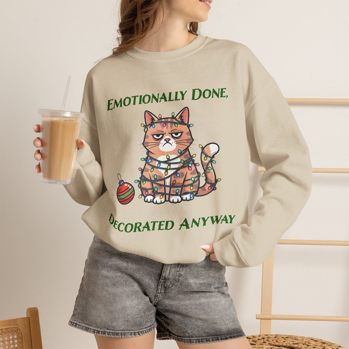 Emotionally Done, Decorated Anyway Unisex Christmas Sweatshirt | Funny Grumpy Cat Holiday Sweatshirt