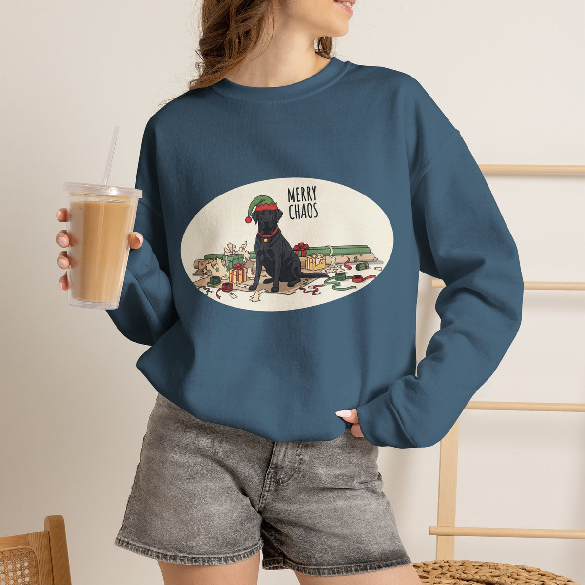Merry Chaos Black Lab Christmas Crewneck Sweatshirt | Funny Dog Holiday Sweatshirt