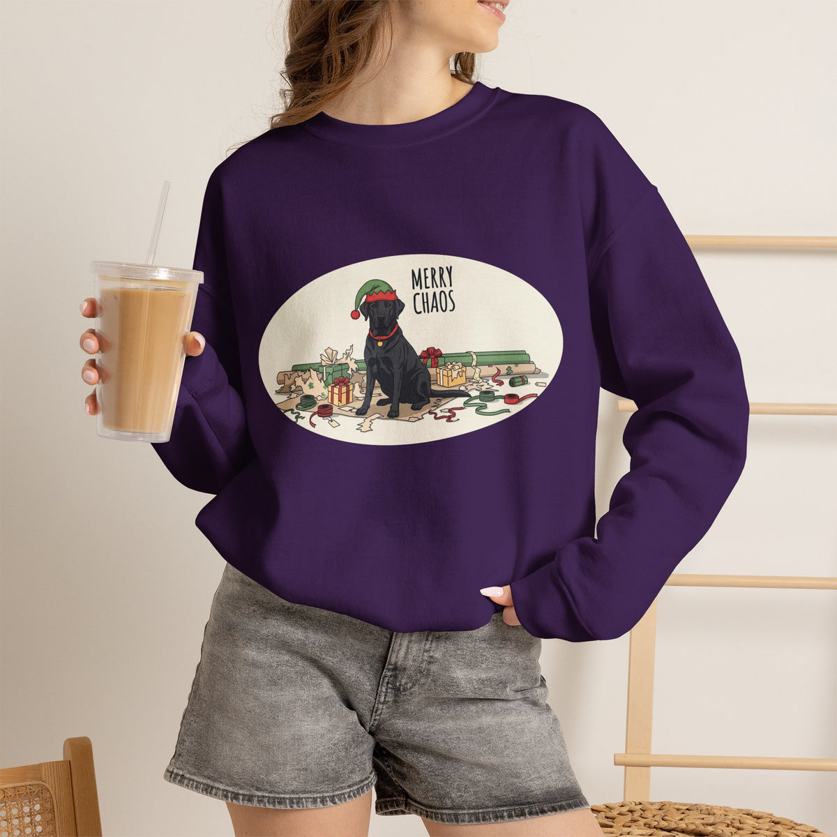 Merry Chaos Black Lab Christmas Crewneck Sweatshirt | Funny Dog Holiday Sweatshirt