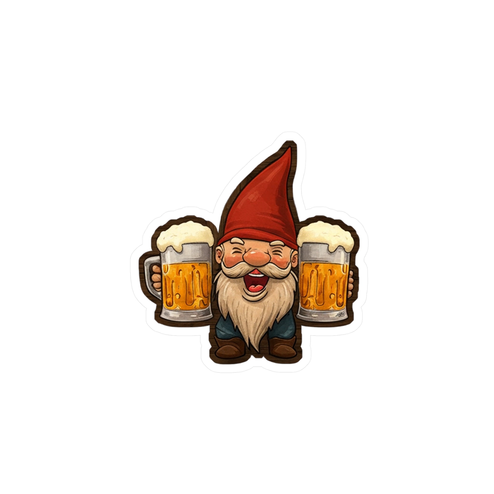 Beer Gnome Decal - Happy Gnome Holding Two Beer Mugs Kiss Cut Vinyl Sticker