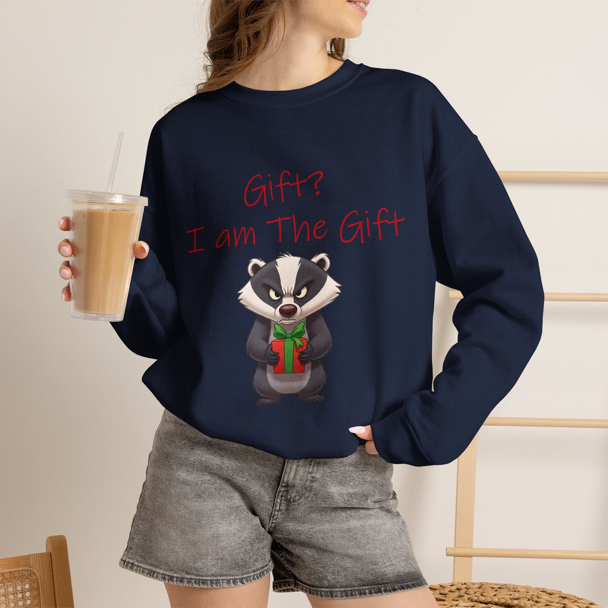 Gift? I Am the Gift Badger Christmas Crewneck Sweatshirt | Funny Sarcastic Holiday Sweatshirt