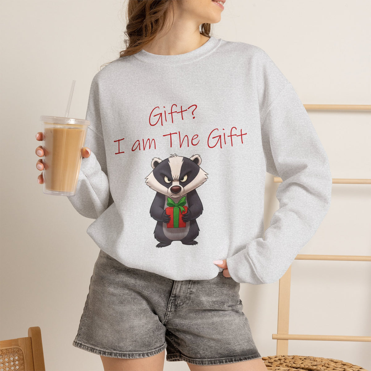 Gift? I Am the Gift Badger Christmas Crewneck Sweatshirt | Funny Sarcastic Holiday Sweatshirt